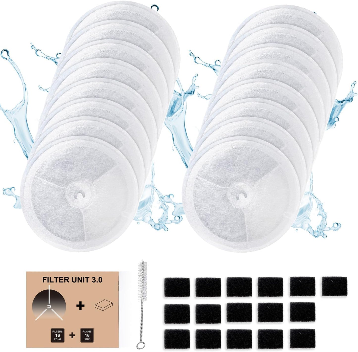 16 PCS Upgraded Filter Unit 3.0 Pet Cat Water Fountain Filters Fit For E versweet Solo 2/Solo SE, E versweet 3 Pro/2S/3, Including Replacement Filters and Replaced Foam Pump Filter (16 pcs)