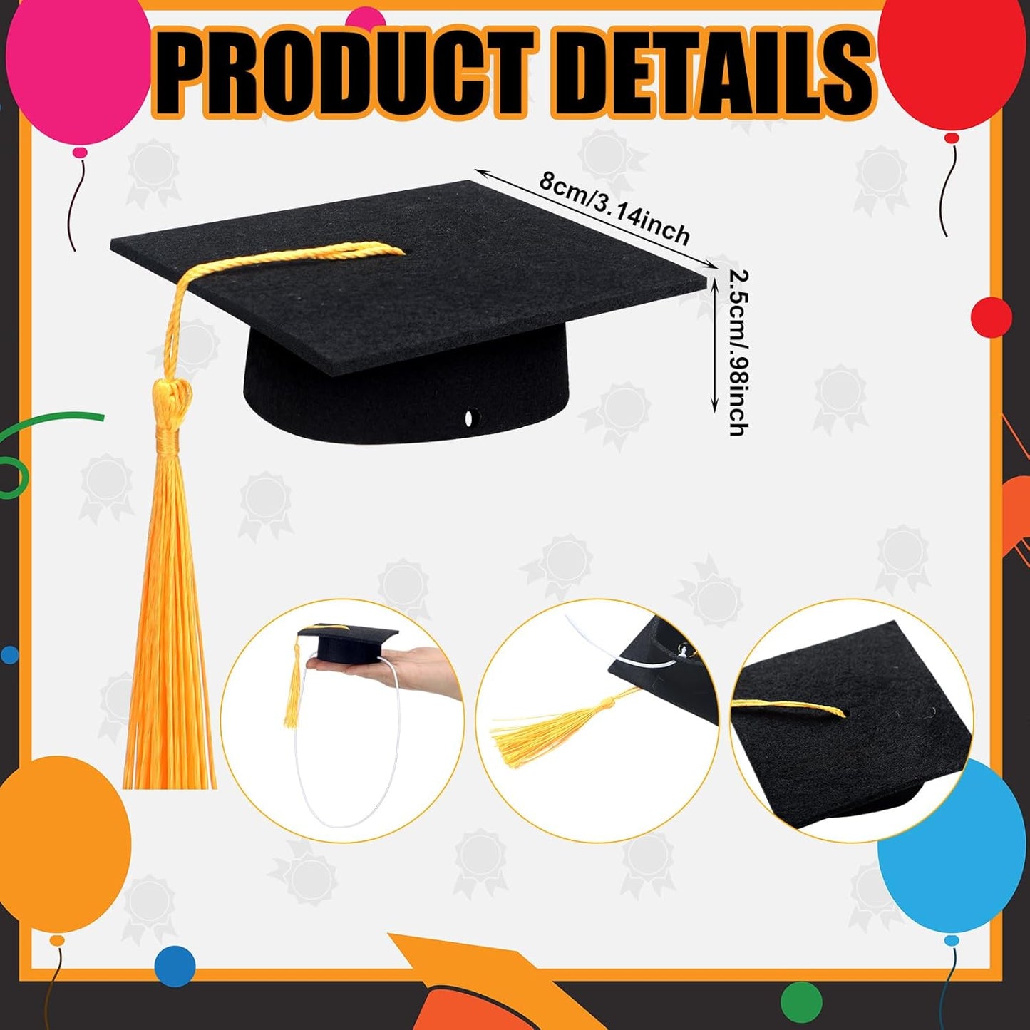 12 Pcs Mini Graduation Cap with Tassel Mini Plush Mason Jar Small Animal Bachelor Hat Photo Prop Party Supply