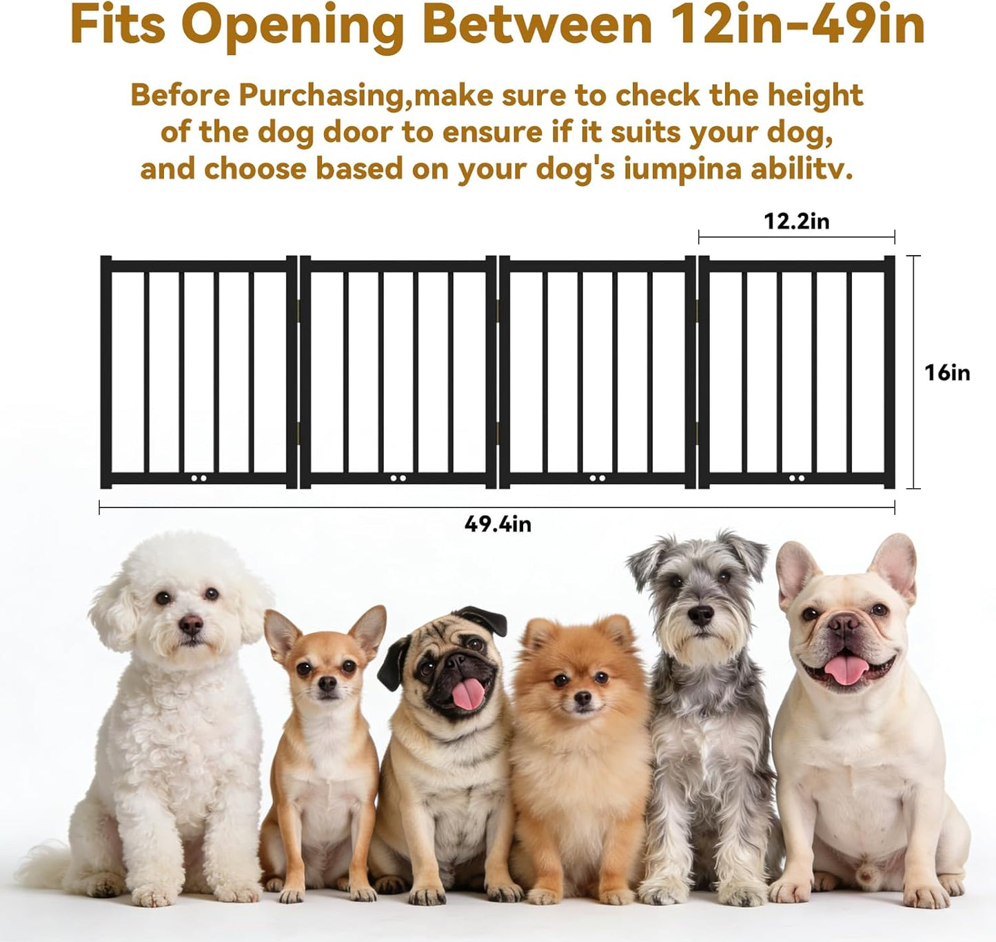 16" Freestanding Short Dog Gate for Small Dogs – Foldable & Retractable, Expands Up to 48" Wide, 4-Panel Pet Barrier for Doorways, Stairs & Hallways (Black)