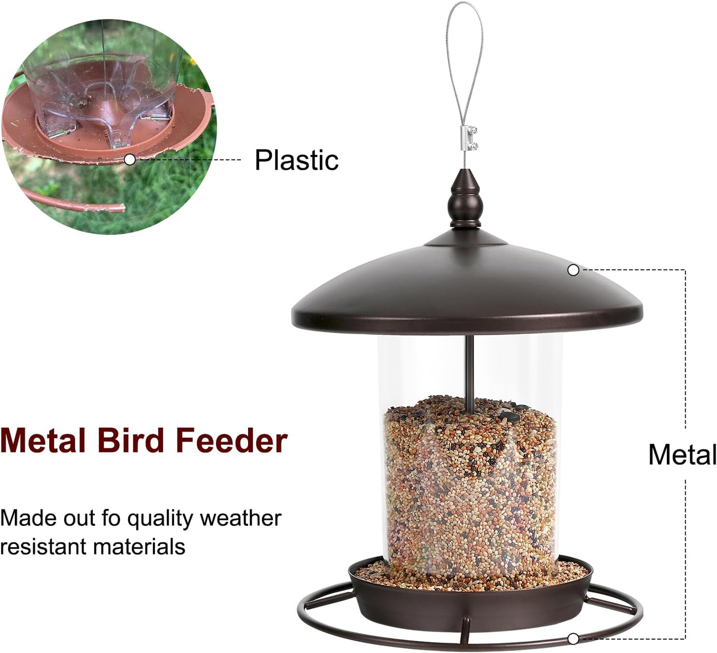 Metal Bird Feeder for Outdoors Hanging,3.0LB Seed Feeder,Easy to Fill & Clean,360° Feeding,Weatherproof Roof for Gardens and Wild Birds,Brown