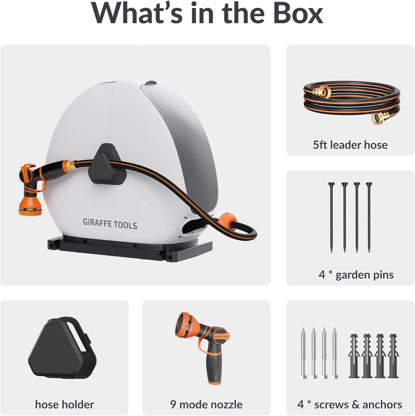 Giraffe Tools Retractable Hose Reel with 1/2 Inch x 100FT, Heavy Duty Ground Mount Garden Hose Reel, Automatic Rewind,with 9-Function Sprayer Nozzle & Flexible Swivel Base