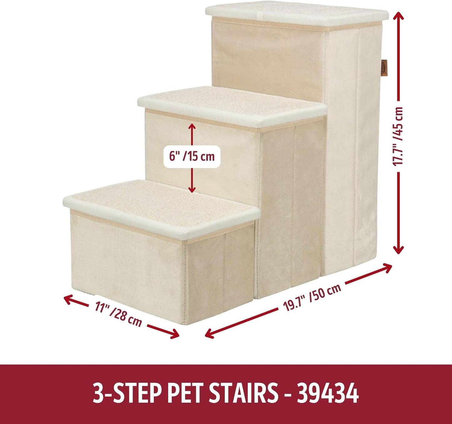 Trixie Velour Foldable 3-Step Pet Stairs with Storage, Collapsible, Storage Compartments for Pet Toys, Beige