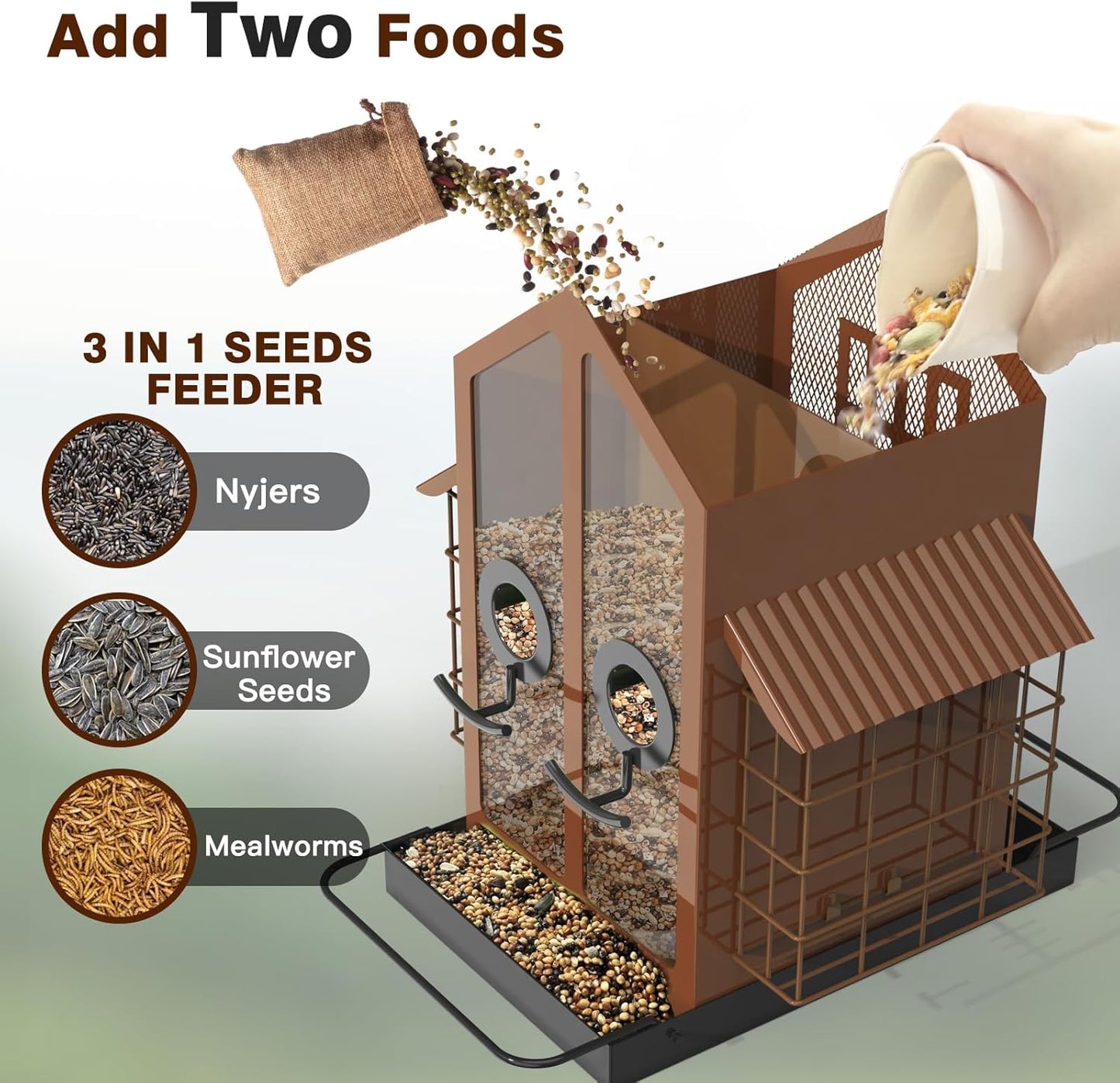 Bird Feeders for Outdoors, Metal Bird Feeder with Double Suet Cage Weatherproof Metal Roof, 2 in 1 Mixed Seeds Suet Feeder, 4Lbs Large Capacity, Great for Finch、Cardinal、Chickadee（Brown）