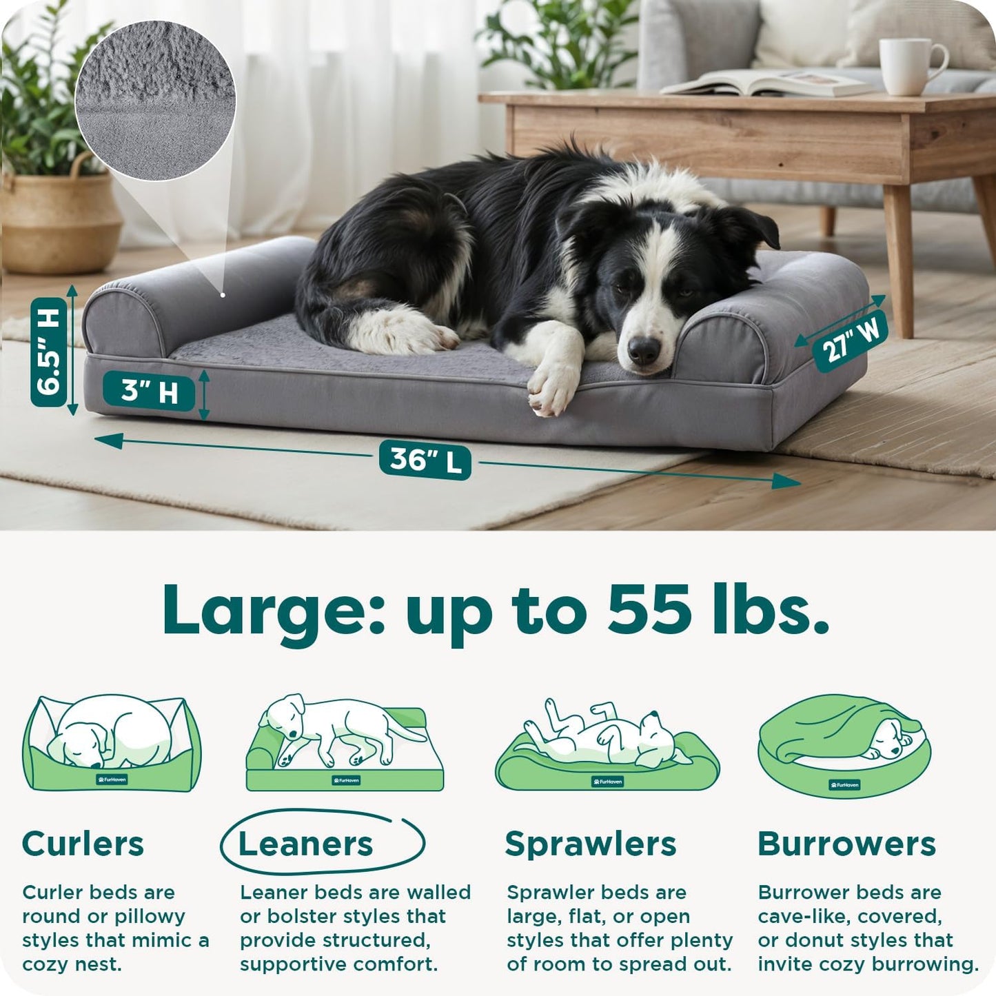 Furhaven Orthopedic Dog Bed for Large/Medium Dogs w/ Removable Bolsters & Washable Cover, For Dogs Up to 55 lbs - Plush & Suede Sofa - Gray, Large