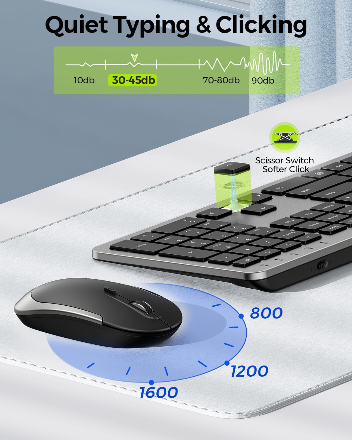 Wireless Keyboard and Mouse Combo - Full Size Slim Thin Wireless Keyboard Mouse with Numeric Keypad 2.4G Stable Connection Adjustable DPI (Grey & Black)