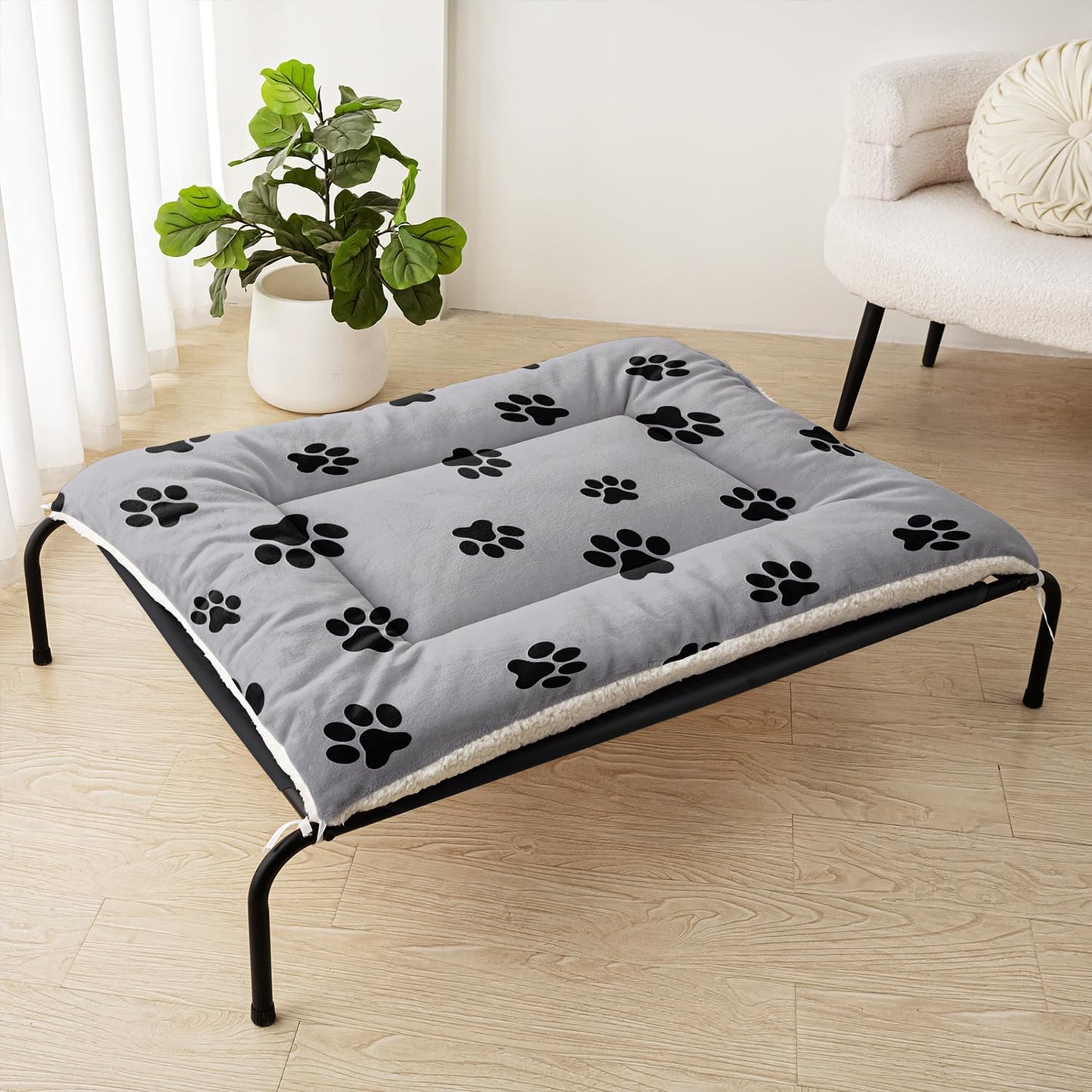 Paw Print Dog Bed Mat - Grey Washable Pet Crate Pad for Dogs & Cats - Soft Fleece Kennel Liner, Home & Travel Cushion (M)