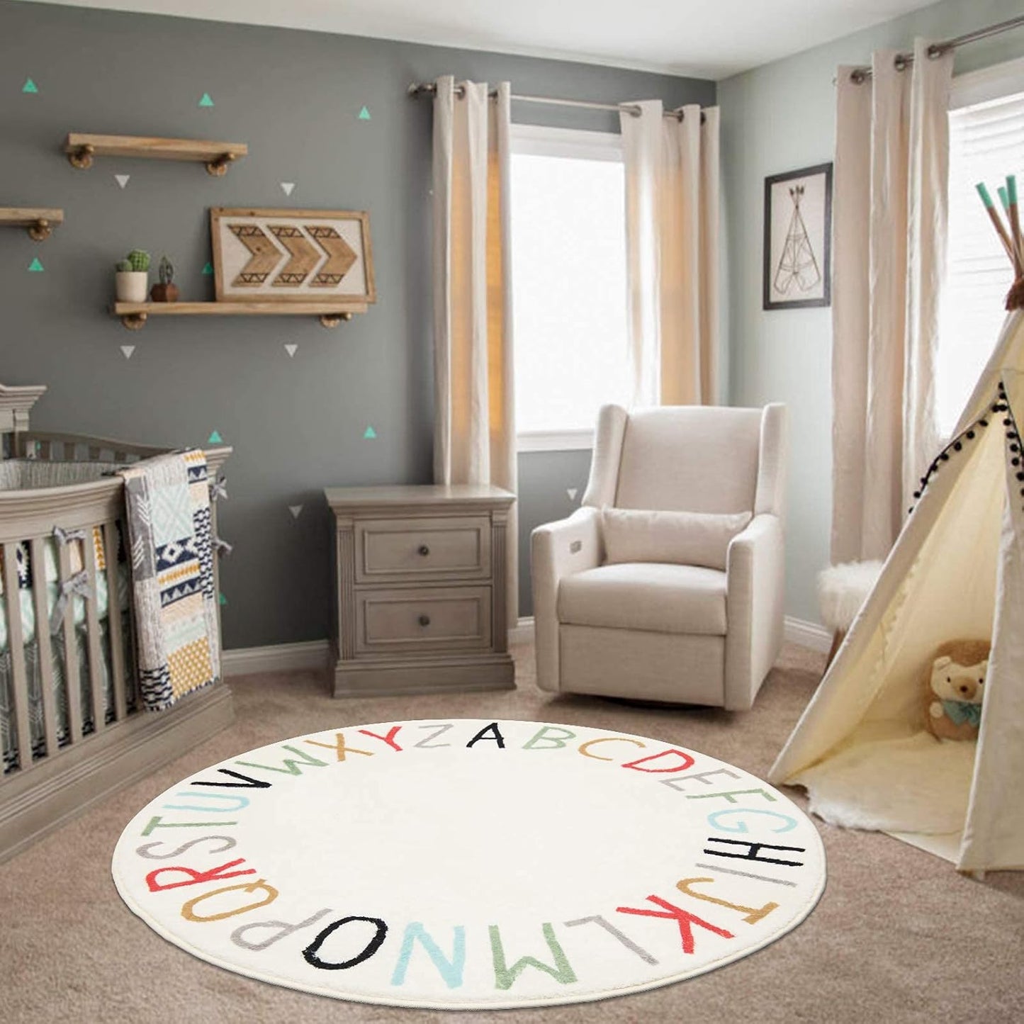 Topotdor Rainbow Round Kids Play Rug Alphabet Nursery Area Rug Extra Large Soft Crawling Play Mat for Children Toddlers Bedroom (47 inch, Multi Color)