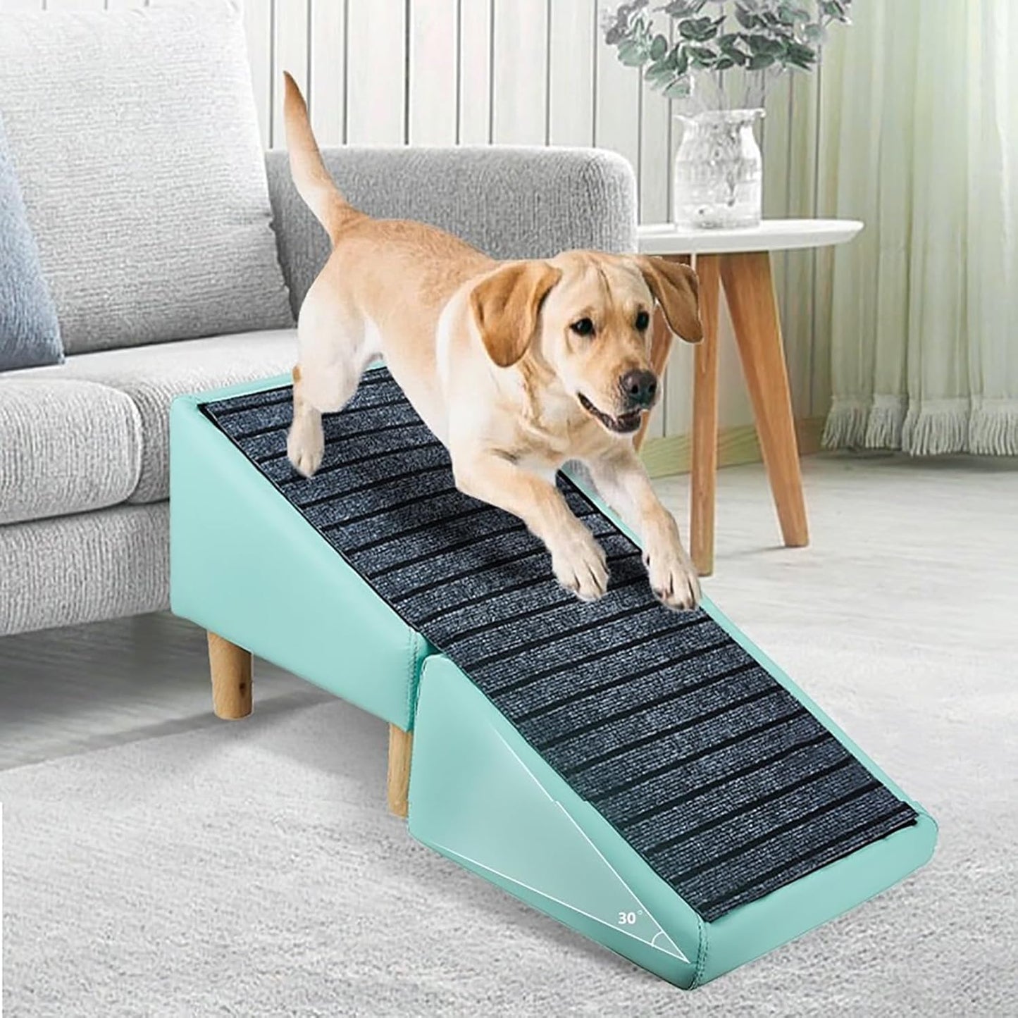 Foldable Pet Stairs, Dog Ramp & Human Ottoman Footstool, Folding Pet Ramp for Sofa, Removable Non-Slip Pad, Faux Leather Pet Steps Stool for Young, Injured, Elderly Pets, Khaki