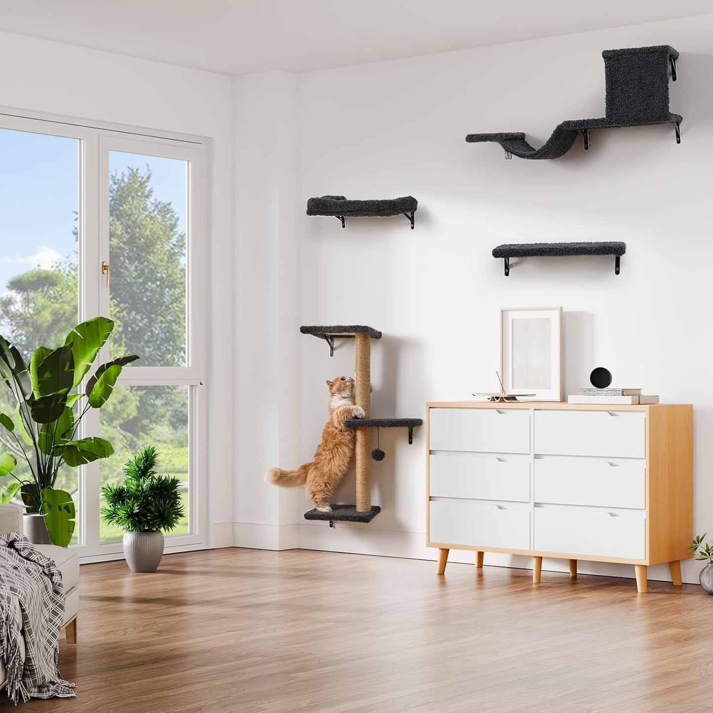 5-in-1 Cat Wall Shelves for Indoor Cats, Wall Mounted Cat Furniture with Bed, Cave, Scratching Post & Perch, Multi-Level Cat Climbing Wall, Space Saving Floating Cat Shelves (Natural Wood Darkgrey)