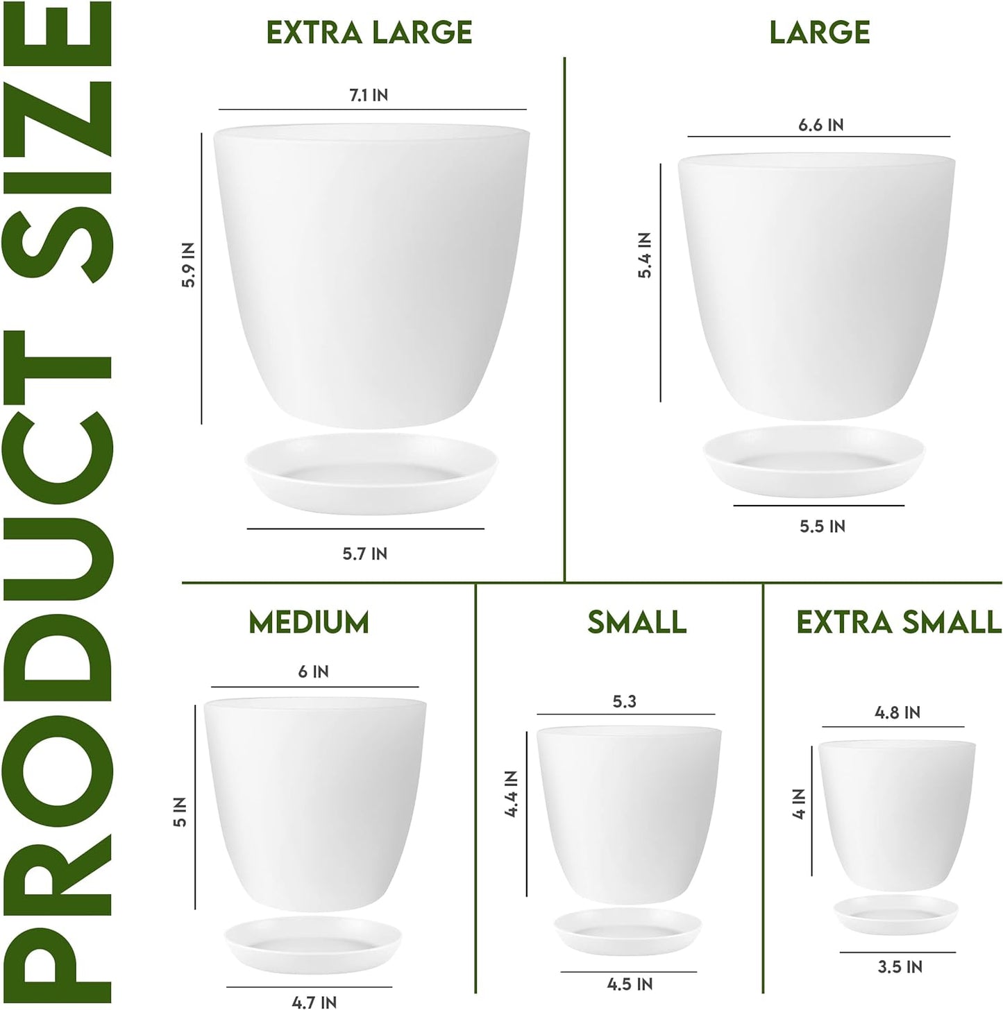 Utopia Home Plant Pots Indoor with Drainage Holes – Set of 5 White Plastic Flower Pots (7/6.6/6/5.3/4.8 Inch) – Modern Planters for Indoor Plants, Room & Office Décor, Great Stocking Stuffers