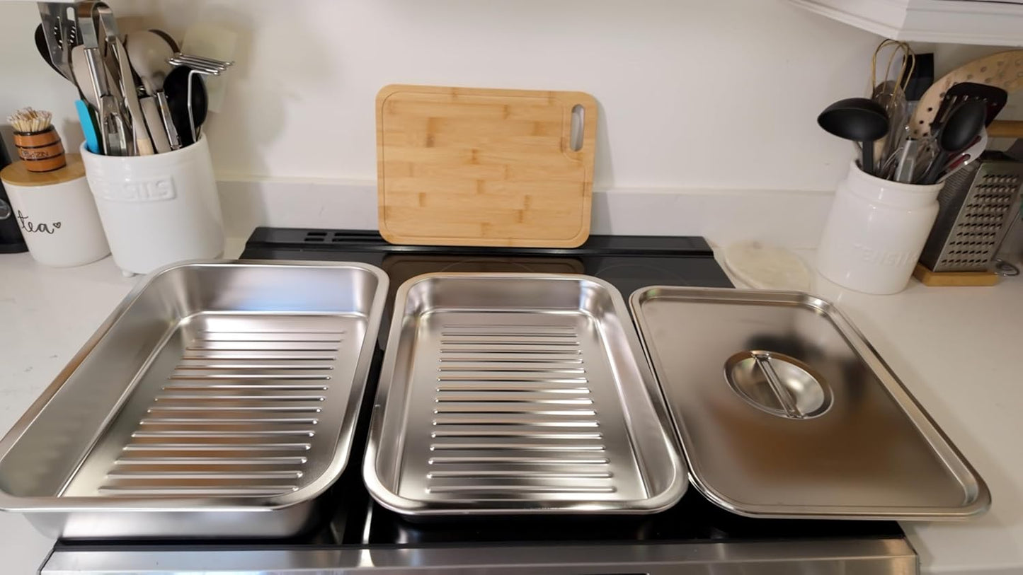 Geesta Grilling Prep and Serve Tays, Stainless Steel Large Capacity Food Prep Tray, Grill Carry System, Marinade Container with Lid and Cutting Board,BBQ Grill Accessories, Grilling Gifts for Men