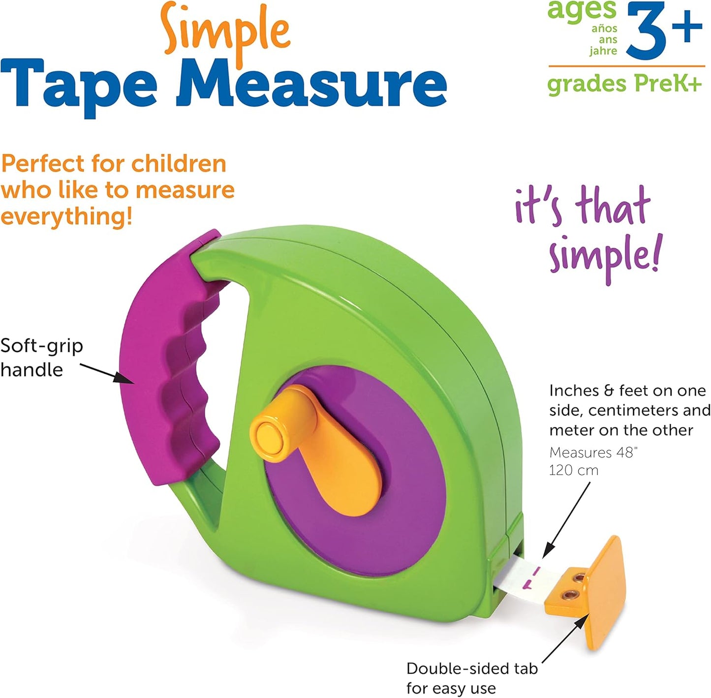 Learning Resources Simple Tape Measure - Kids Construction Toys, Preschool Activities, Pretend Play for Toddlers , Height Measurement Counting Tool, Fine Motor Skills, Homeschool