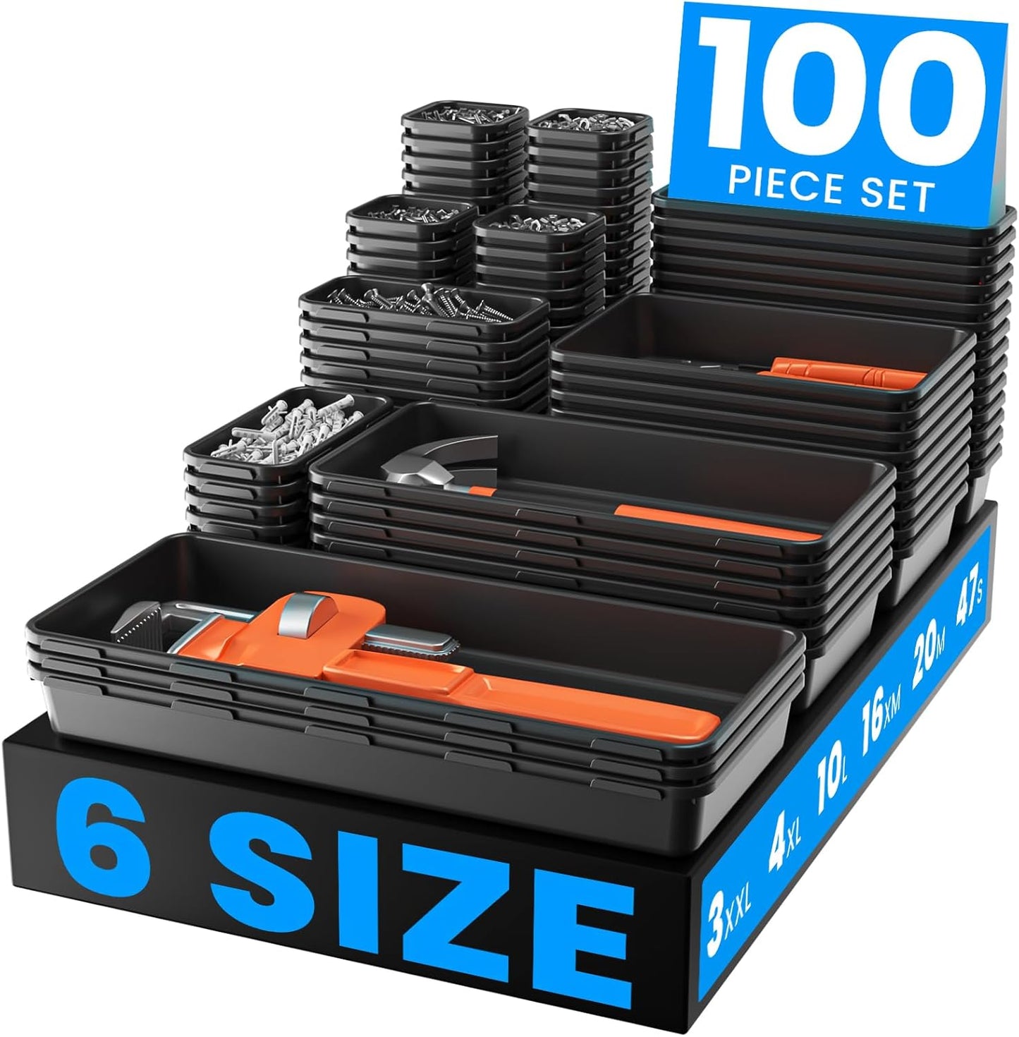 A-LuGei 【𝟲 𝗦𝗜𝗭𝗘】 Tool Box Organizer Tray Set【Fits 100+ Tools】 Black Plastic Drawer Divider Desk Drawer Organizer Garage Organization for Rolling Tool Chest Cart Workbench Office Storage