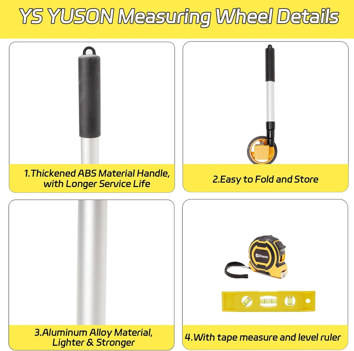 Rolling Measuring Wheel in Feet, Digital Measuring Wheel for Construction, Walking Measuring Wheel, Measure Wheel with Tape Measure and Level Ruler, One Key to Reset, 4 Inch, Up to 9999Ft