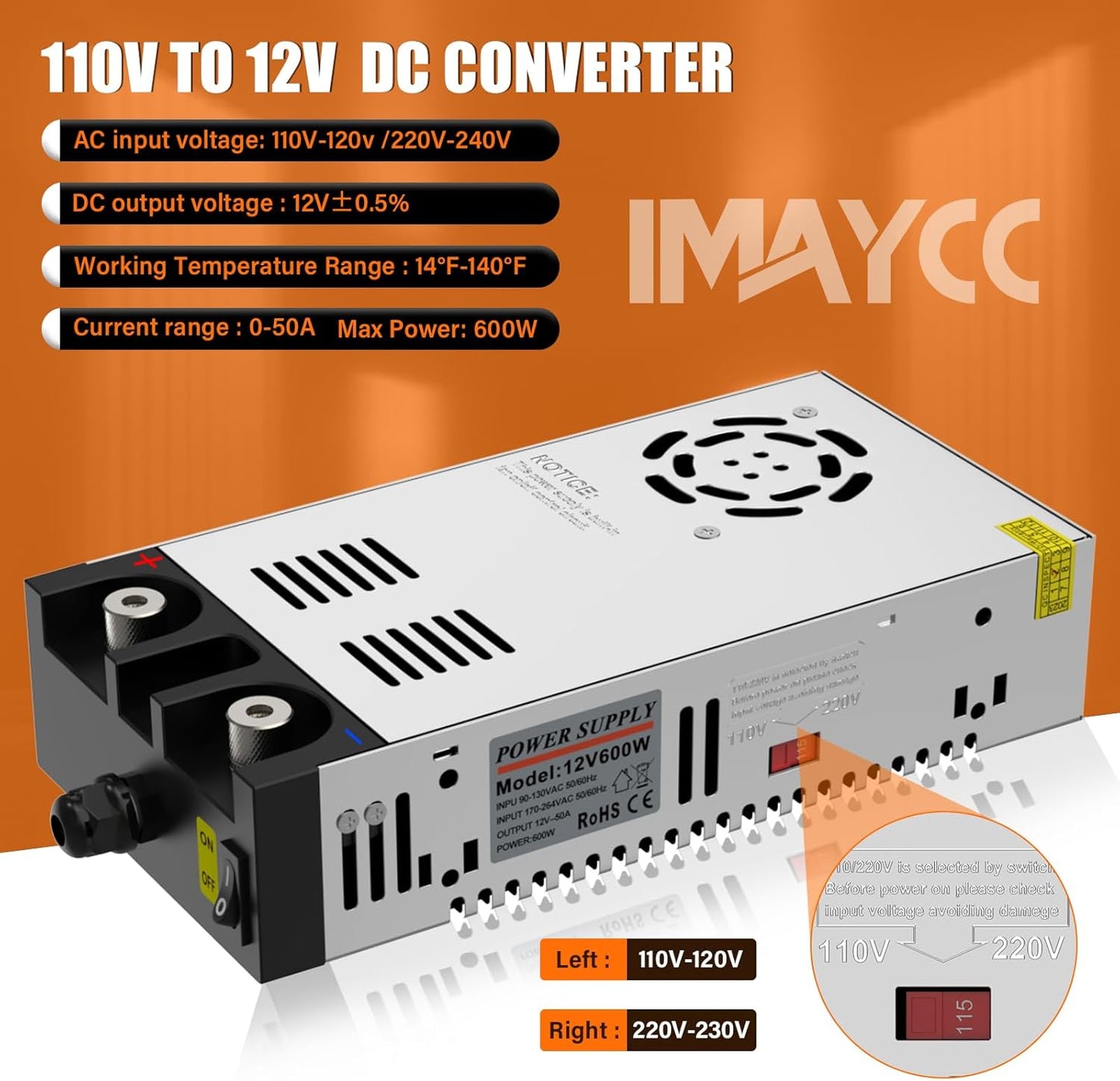 12V Power Supply,110V to 12V DC Converter, IMAYCC AC to DC Converter 600W 50A, Power Supply for Diesel Heater