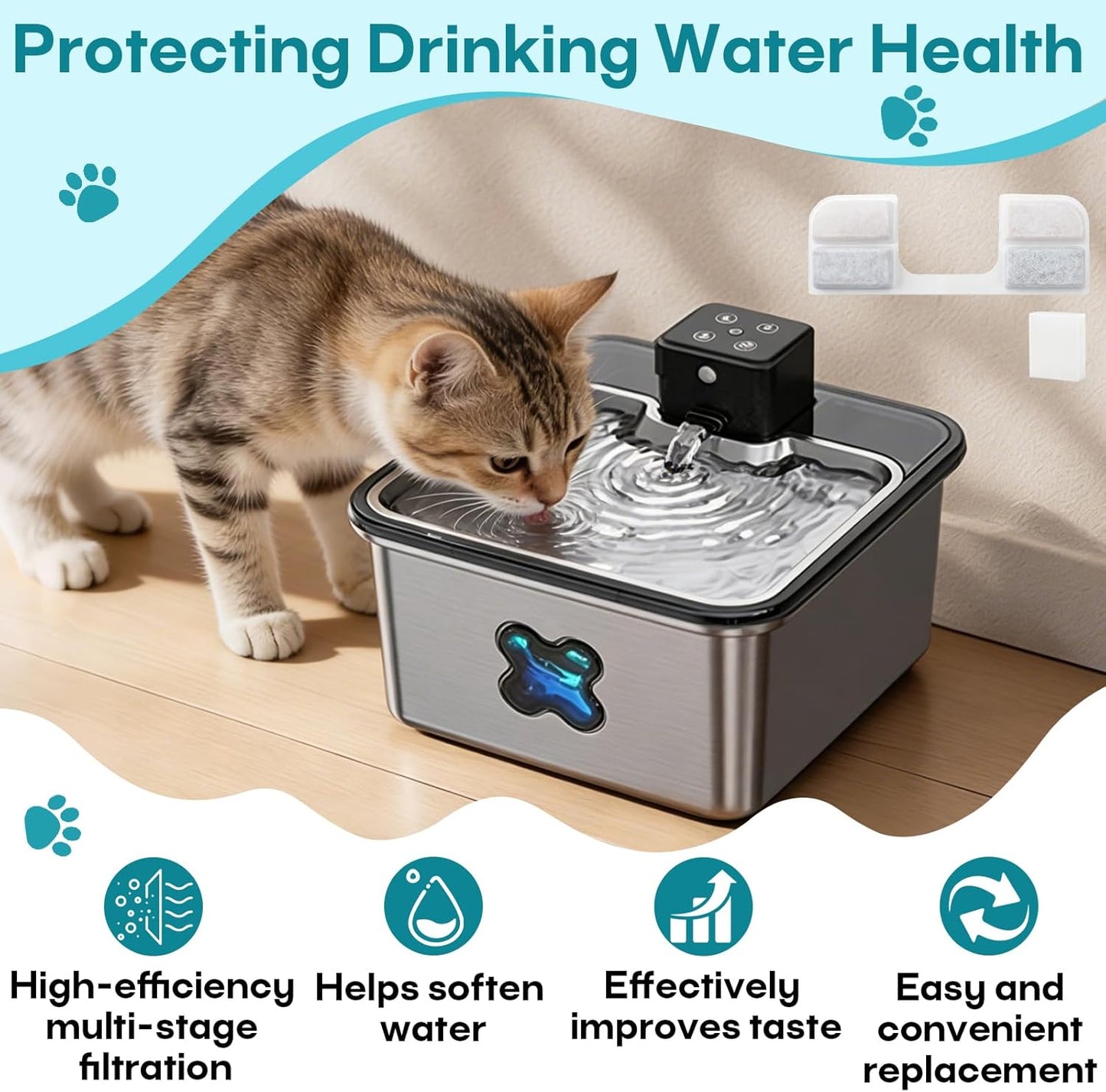 32 Pack Cat Water Fountain Replacement Filters, Compatible with FEELNEEDY Cat Water Fountain (FN-W17), 108oz/3.2L Pet Water Fountain, Including16 Pack Filters+16 Pack Pump Sponges