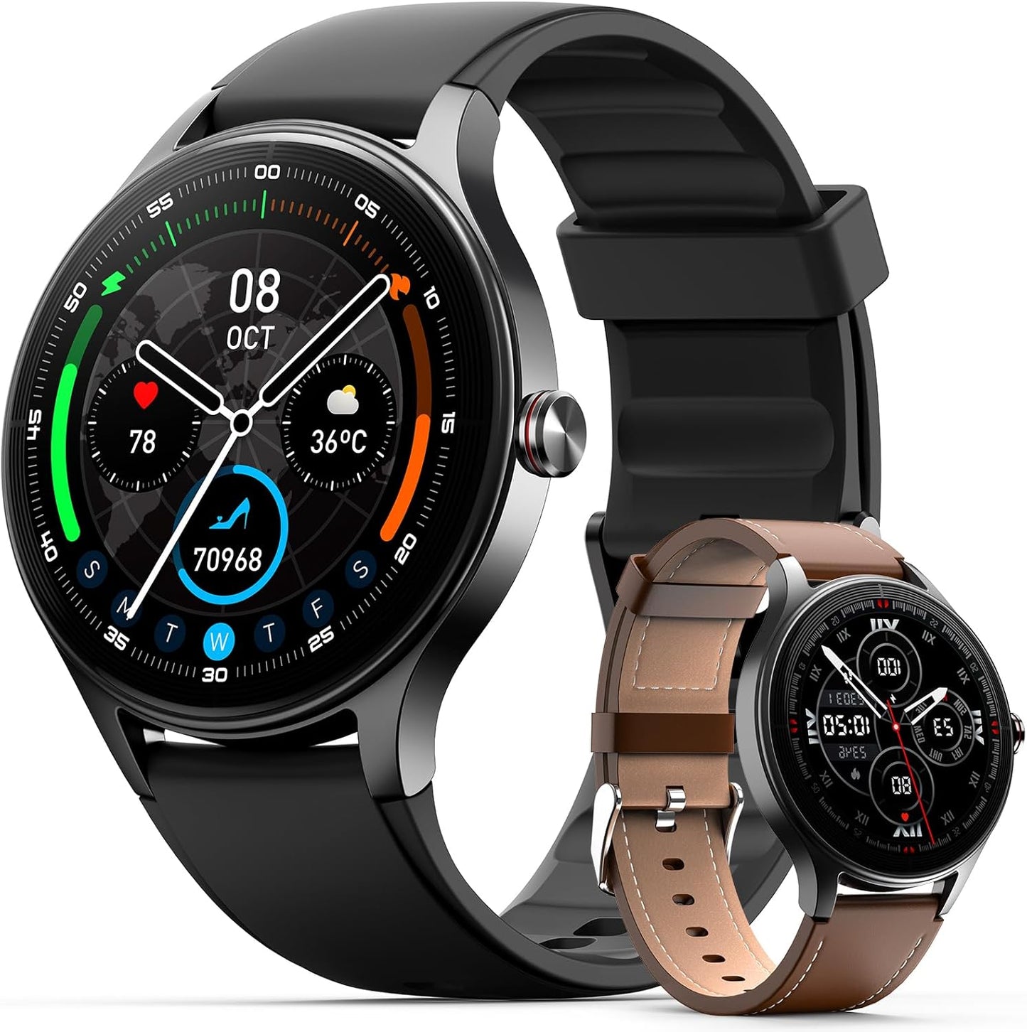 Smart Watch for Men,1.57inch AMOLED Touchscreen Fitness Watch for iPhone & Android,Heart Rate/Sp02/Sleep Monitor,110+ Sport Modes IP68 Waterproof Bluetooth Calls,2 Bands (Black, 1.57)