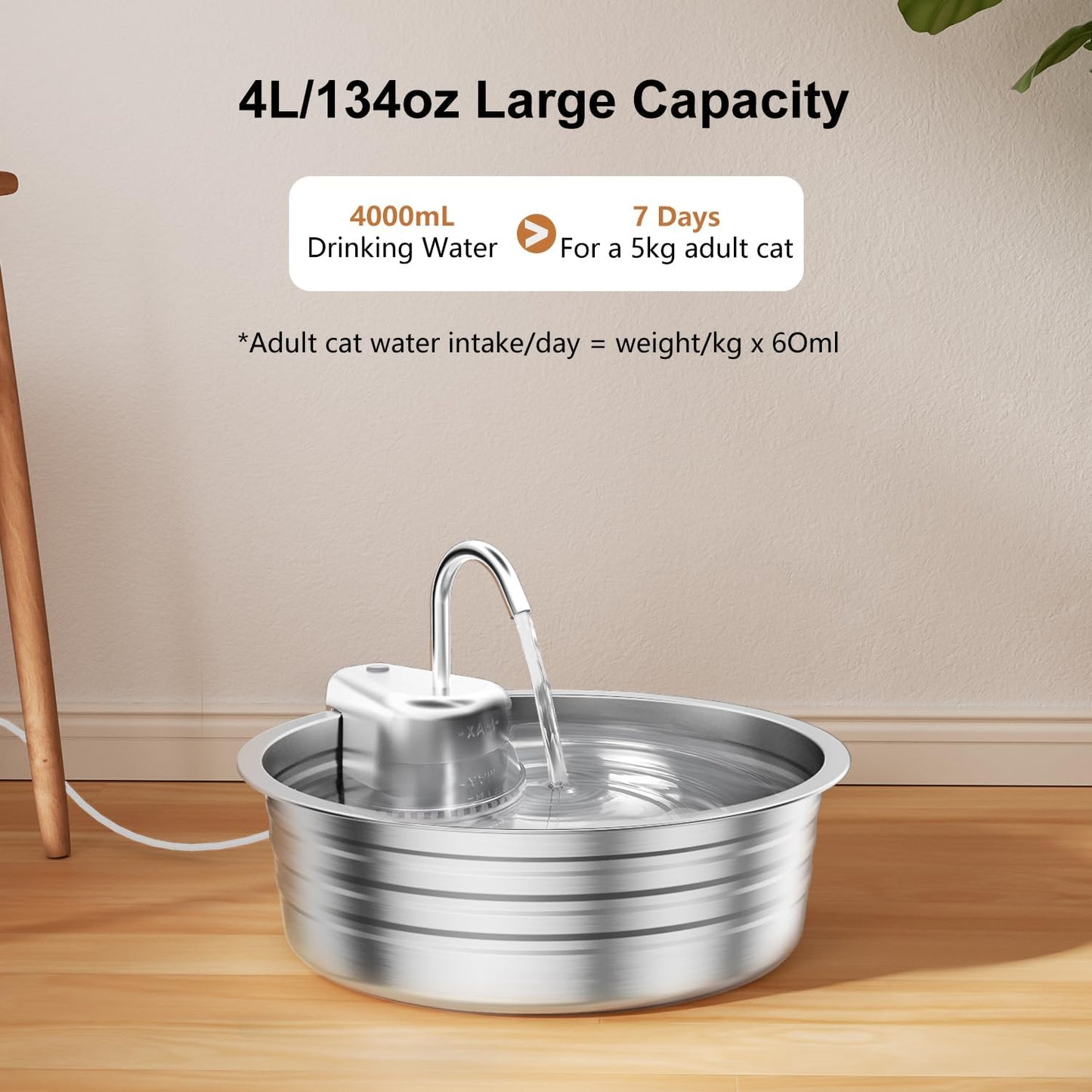 Cat Water Fountain Stainless Steel - 135OZ / 4L Large Capacity Pet Water Fountain for Cats Indoor - Ultra-Quiet Pump for Cats, Dogs Water Bowl Dispenser - Pets Feeding & Watering Supplies