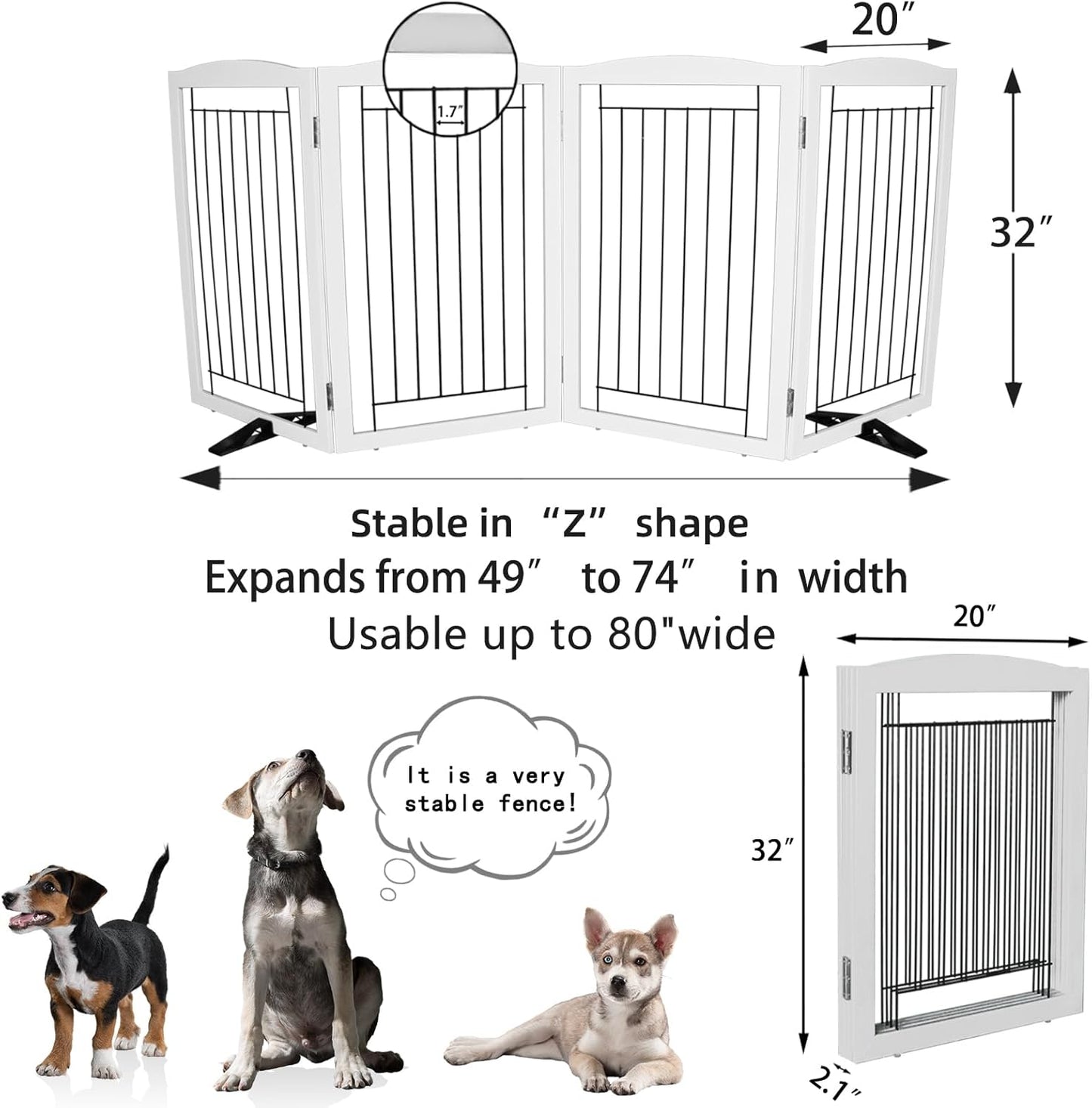 ZJSF Freestanding Dog Fence Indoor, Foldable Dog Gate for Doorways, Stairs or Hallways, Sturdy Wood Extra Wide Pet Gate with Support Feet for The House, White, 32 "Height-4 Panels