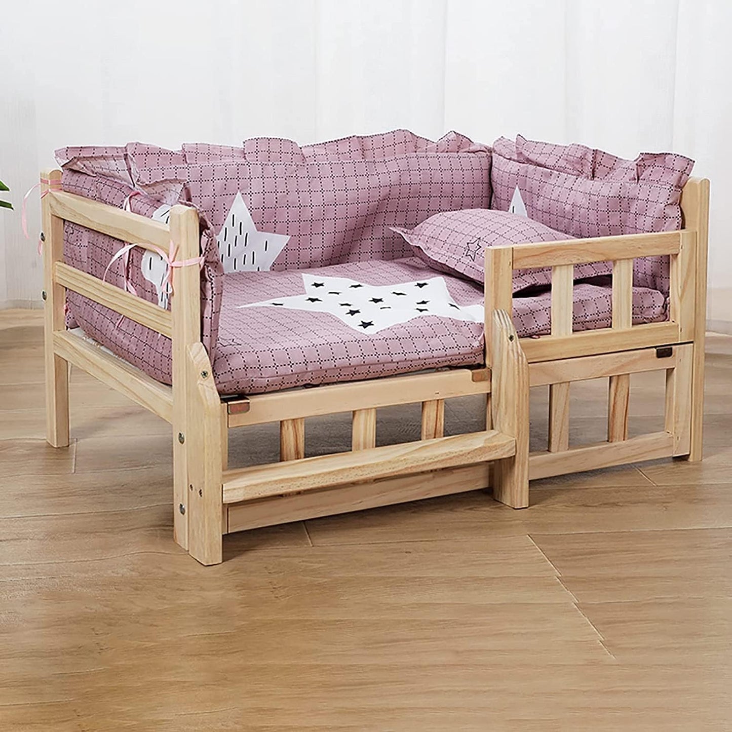 Dog Bed Wooden Dog Bed Eevated Pet Bed Elevated Orthopedic Pet Couch Kennel with Fenced & Stairs Dog Kennel Furniture for Small Medium Pets & Cats for Dogs Pet Cat ()