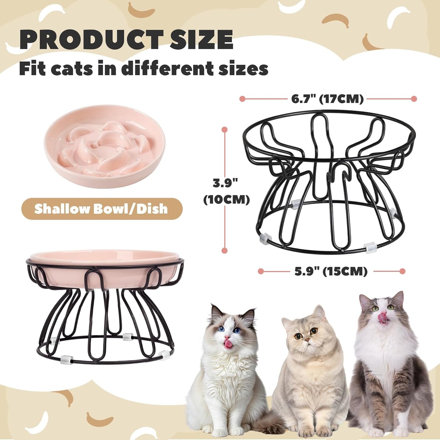 Elevated Cat Bowl Stand - Black Iron Metal Holder with Anti-Slip Grips - Raised Feeding Station for Shallow Cat Food Dishes - 6.7" W x 3.9" H (Bowl Not Included)