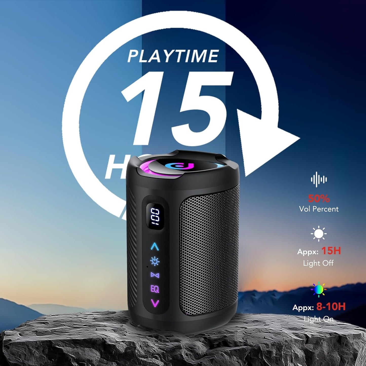 aowoka Bluetooth Speaker, 2026 Portable Wireless Speakers with Led Light, Bluetooth 5.4, 15H Playtime, Enhanced Bass, IPX7 Waterproof, Outdoor Speaker for Travel, Sport, Party, Biking.