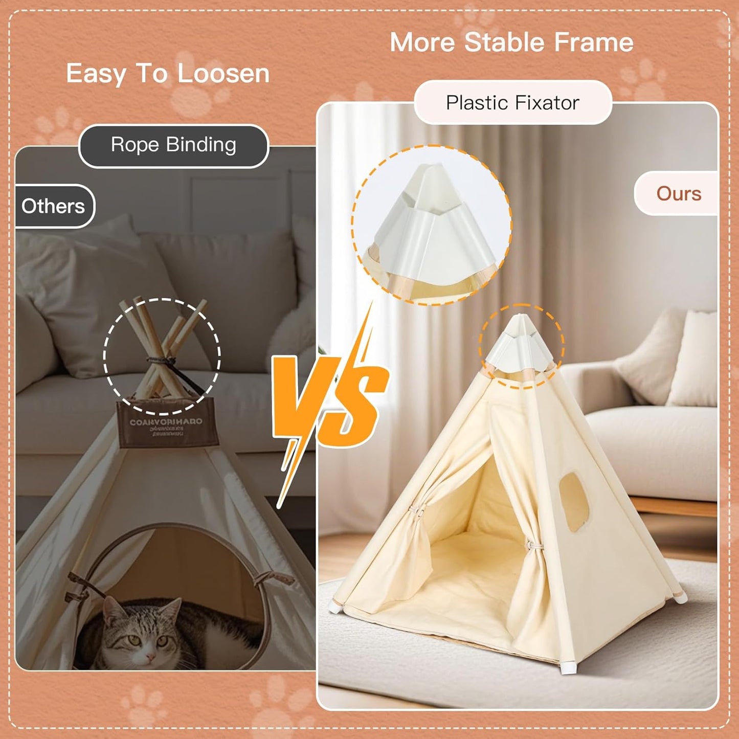 Large Cat & Small Dog Teepee Tent House (Int 26x26x26in/Ext 30x30x33in) for Ragdoll Cat, Mini Schnauzer, Welsh Corgi, Small French Bulldog, Cotton Canvas & Stable Frame