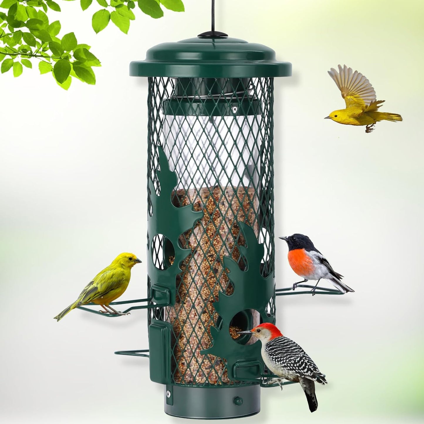 Squirrel Proof Bird Feeder for Outdoors Hanging, Metal Mesh Bird Feeder for Outsides with Gravity Protection for Small Birds, Weatherproof and Durable, Green