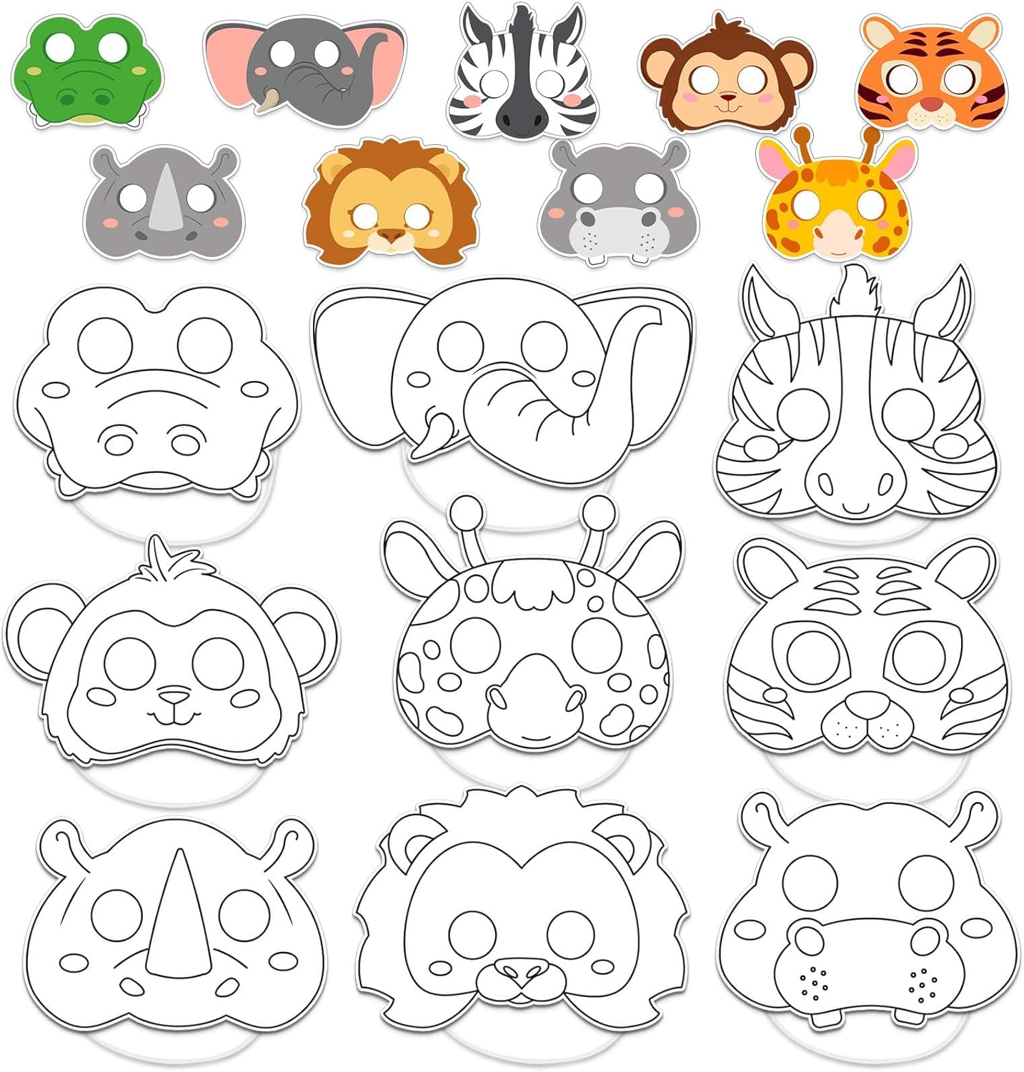 36 Set Animal Coloring Mask Jungle Paper Arts Crafts Kids Color Your Own Wild Lion Blank DIY Mask Masquerade Birthday Party Dress-Up Decoration Favor School Classroom Activity Game Supplies