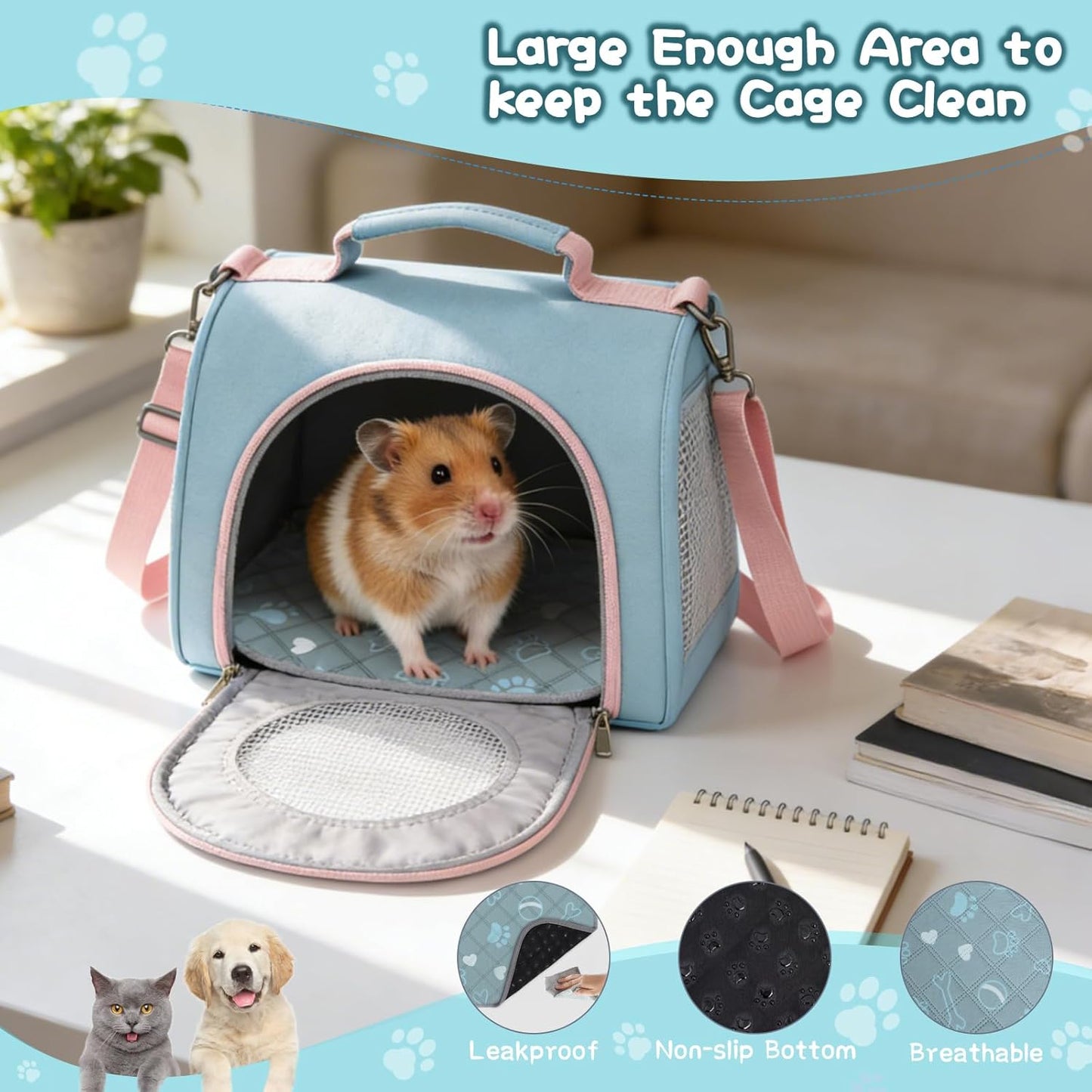 6 Packs Washable Guinea Pig Cage Liners with Paw Print & Cute Design, Waterproof Small Animal Pee Pads, Reusable Absorbent Bedding, Anti-Slip Cage Mats for Guinea Pig Bunny Rabbit Hamster (12x12in)