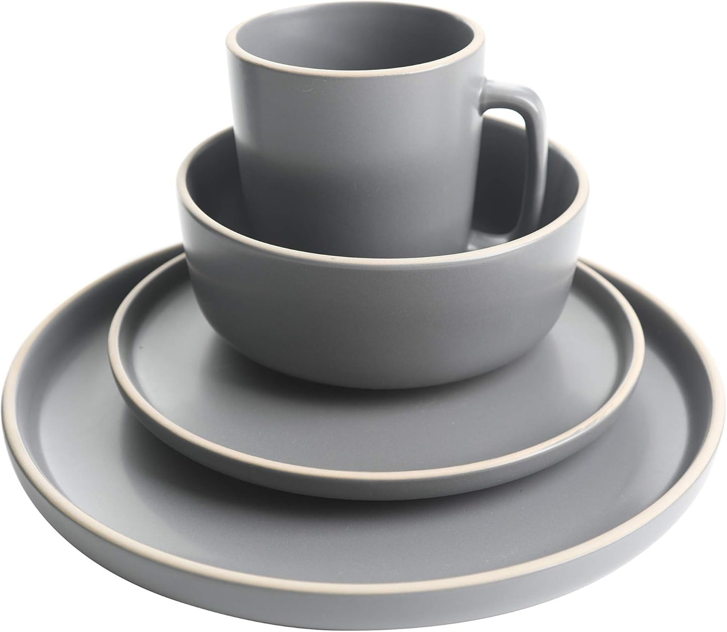 Gibson Home Zuma 16 Piece Round Kitchen Dinnerware Set, Dishes, Plates, Bowls, Mugs, Service for 4, Matte Stoneware, Grey, Gray