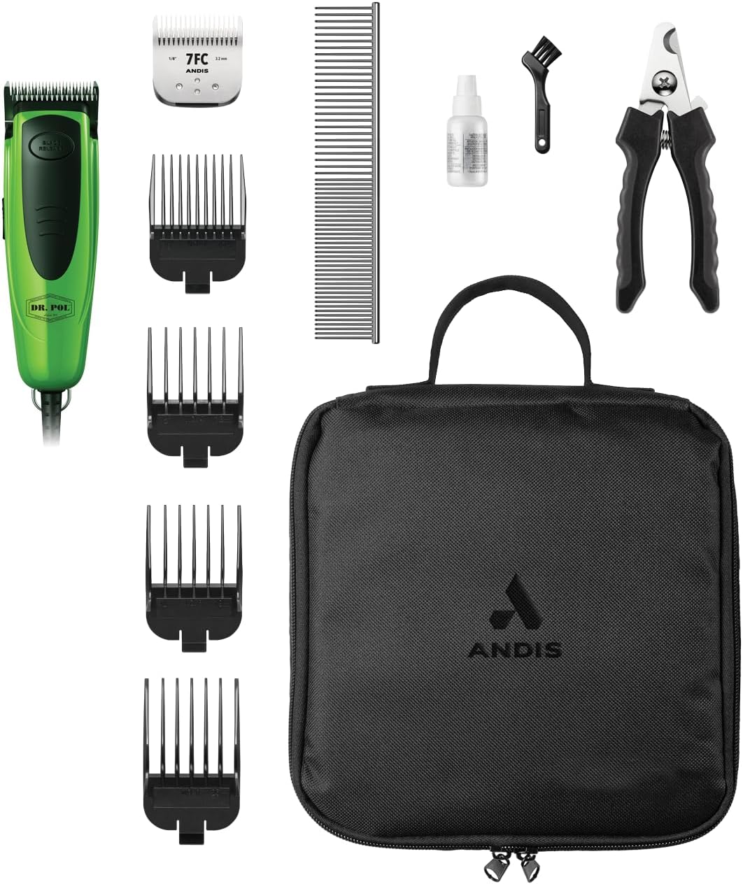 Andis Dr. Pol Easy Clip Versa Clipper Kit - Complete Grooming Solution with Detachable Blades, Attachment Combs, Nail Clipper & More for Safe, Efficient Grooming of All Dog Types, Green, 561121