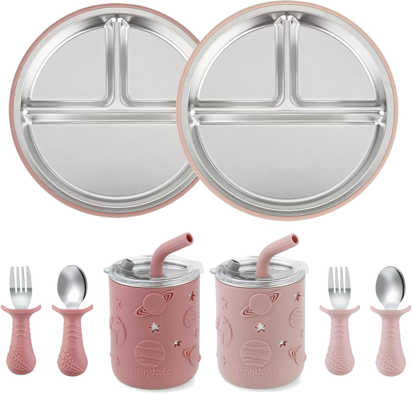 PandaEar Stainless Steel Baby Feeding Set | 2 Divided Suction Plates, 2 Spill-Proof Straw Cups with Silicone Sleeves, 2 Forks & 2 Spoons | Toddler Utensils for Baby Led Weaning, BPA-Free (Pink)