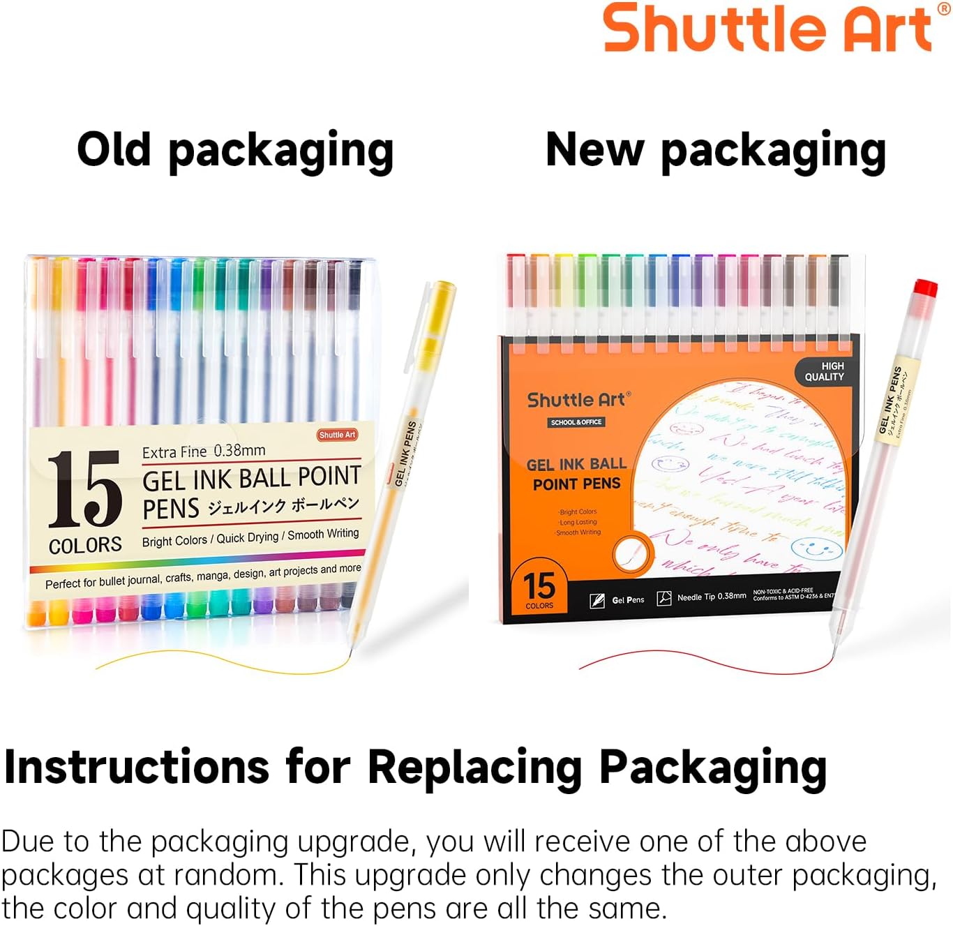 Shuttle Art Gel Ink Ball Point Pens, 15 Colors Japanese Style Pens, 0.38mm Extra-Fine Ballpoint Pens for Home, School and Office