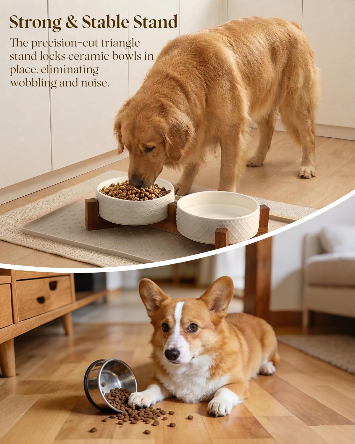 Dog Bowl Set with Acacia Wood Stand & Silicone Mat, 2.0-Cup Ceramic Puppy Bowls for Small Dogs, Dual Food and Water Bowls with Weighted Non-Slip Base & Dog Food Mat