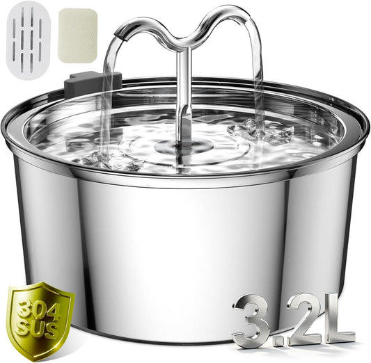 DOOOB Cat Water Fountain, 3.2L/108OZ Stainless Steel Cat Water Fountain, Automatic Metal Dog Water Fountains Water Bowl with Ultra-Quiet Pump and 1 Filter & 1 Sponge