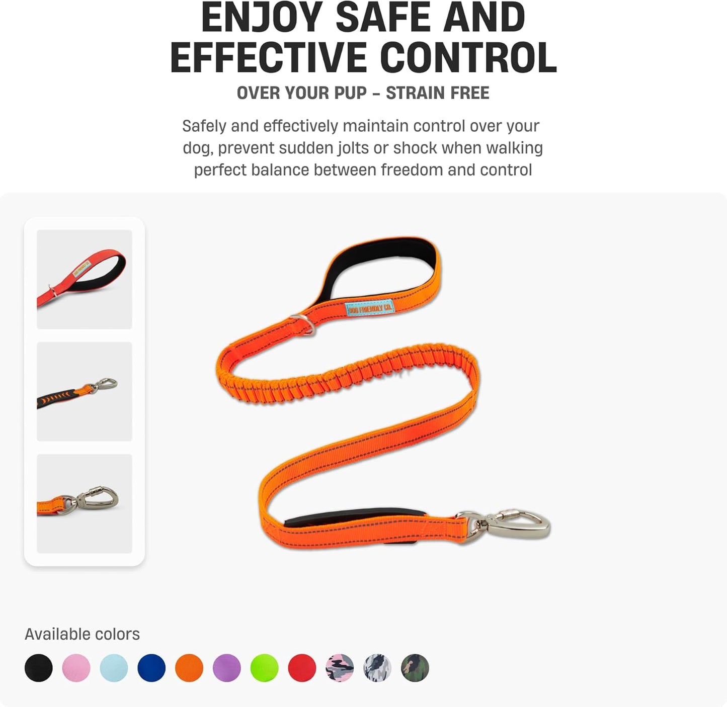 DF Co. Bungee Dog Leash | Strain Free & Shock Resistant for Control | Neoprene Padded Handle, Heavy-Duty Carabiner Clip, and D-Ring | Classic Blue, Size Regular