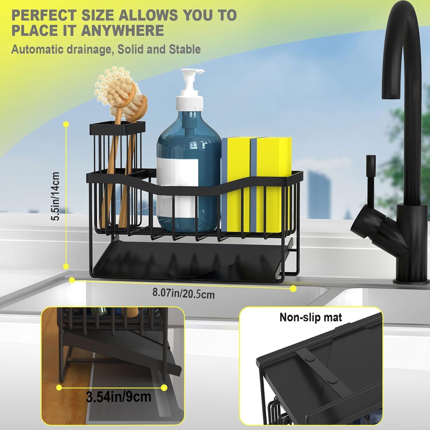 Maifan Sink Caddy Sponge Holder for Kitchen with Brush Holder and Stainless Steel Self Drain Tray, Rustproof Kitchen Sink Organizer for Sponge, Soap Dispenser Storage Accessories