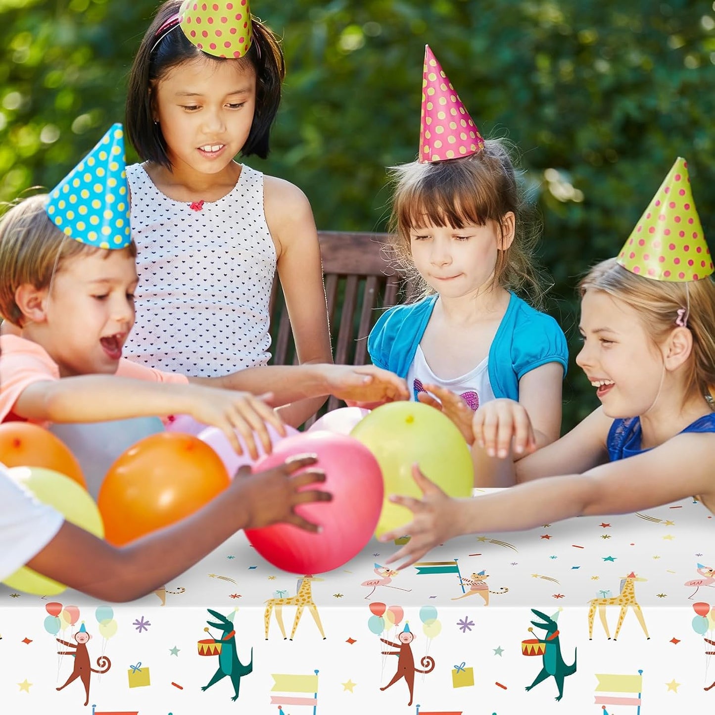 Maxdot 3 Pieces Animal Parade Party Tablecloths 108 × 54 Inch Safari Theme Table Cover, Plastic Disposable Table Cloth Zoo Party Supplies for Jungle Baby Shower, Animal Themed Birthday Decorations