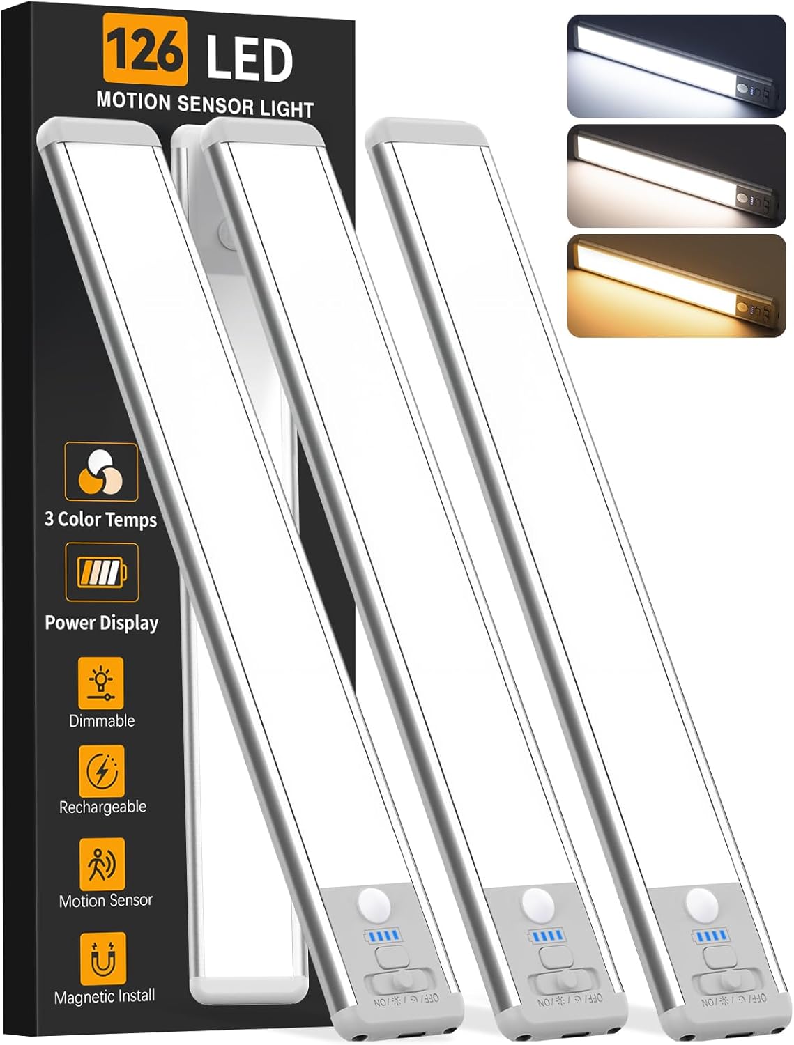 Under Cabinet Lighting Wireless, 15inch Rechargeable Motion Sensor Light Indoor, 3 Color Closet Light Battery Operated with LED Power Display, Magnetic Under Counter Lights for Kitchen, Home (3Pack)