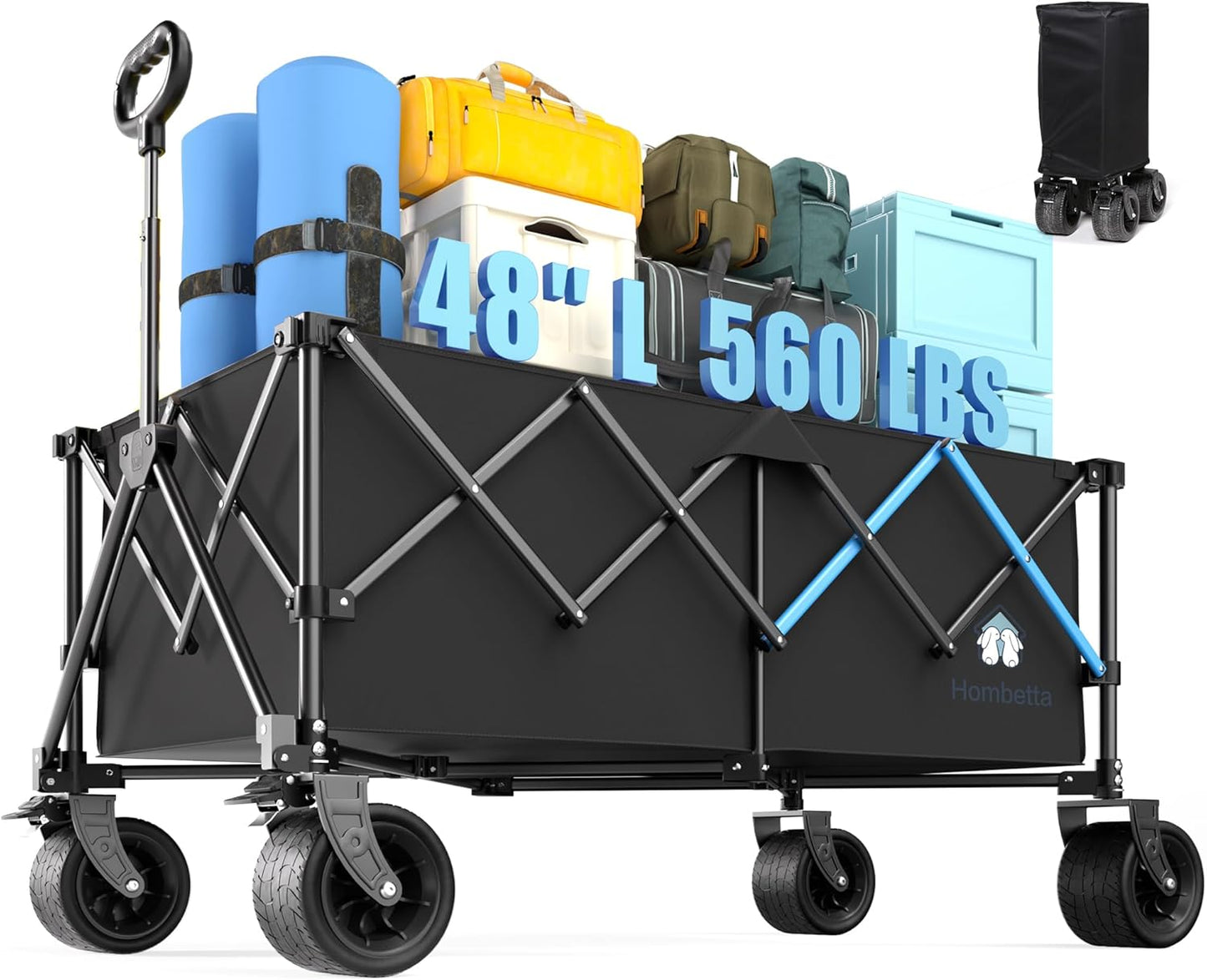 Homebetta XL Collapsible Wagon Cart，48" Heavy Duty Collapsible Utility Wagon with All-Terrain Big Wheels, 560LBS Folding Wagon for Garden, Moving,Glamping, Beach, Gift