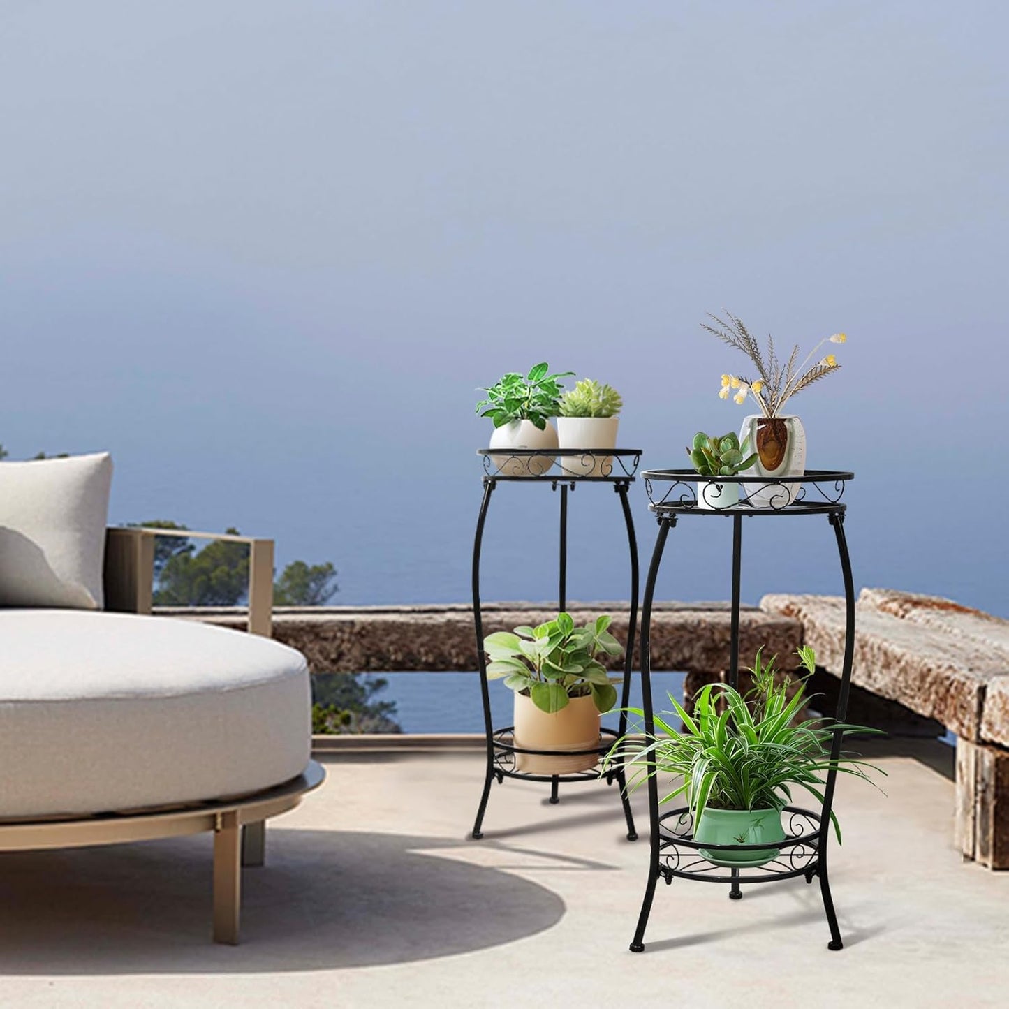 Plant Stand Indoor Outdoor 2 Tier 27" Tall Metal Potted Holder Rack Flower Pot Stand Heavy Duty Plant Shelf Rustproof Iron Multiple Plant Round Supports Rack for Planter Corner Garden