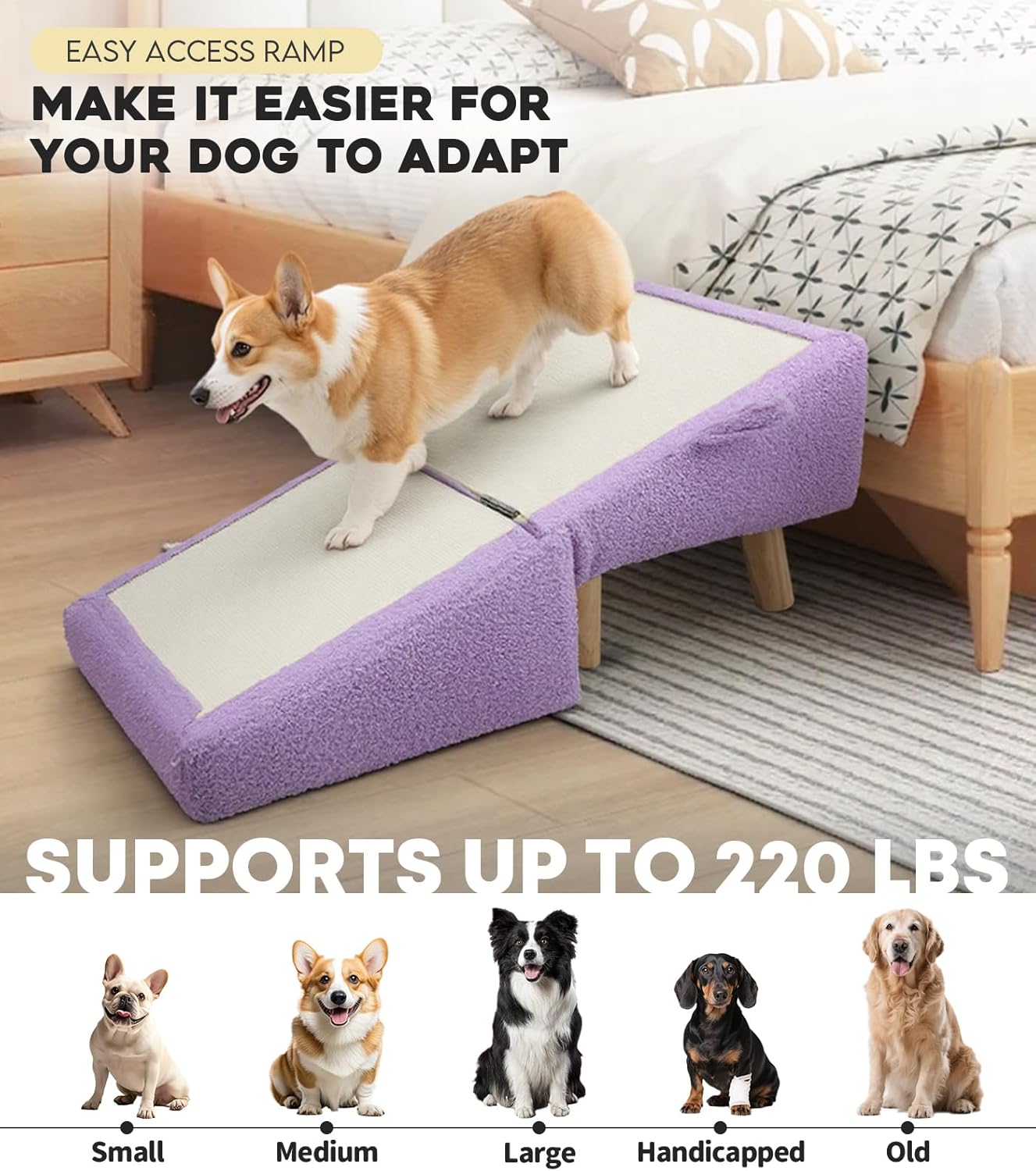 Dog Ramp for Small Dogs and Cats – 2-in-1 Dog Ramp for Couch and Low Bed, 16.5'' Foldable Wooden Pet Ramp, Sturdy Multi-Use Split Ottoman Design, Light Purple