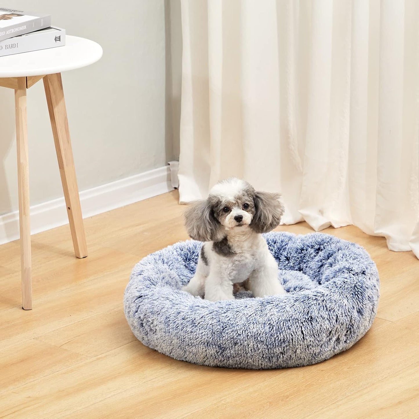 Bedfolks Calming Donut 강아지 침대, 58.4cm(23인치) 둥글고 푹신한 강아지 침대, 소형견용, 세탁기 세탁 가능한 불안 방지 플러시 강아지 침대(네이비 블루, 스몰)