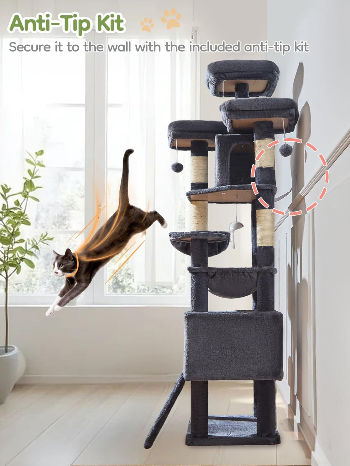 Taoqimiao 76-Inch Cat Tree XXL for Large Cats, Giant Cat Tower with Scratching Board, Extra-Large Metal Hammock, 3 Perches, 7 Sisal Posts, 2 Big Condos, Hanging Basket, Smoky Gray, MS047G