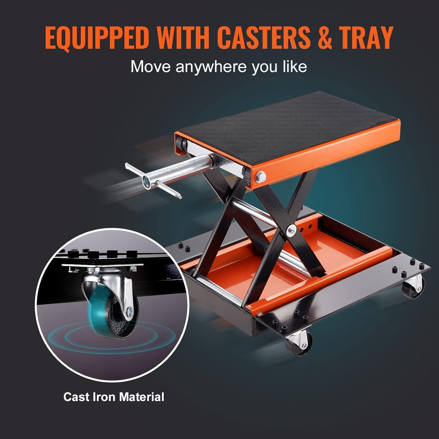 VEVOR Motorcycle Lift, 1100 LBS Motorcycle Lift ATV Scissor Lift Jack with Dolly & Hand Crank, Center Hoist Crank Stand with Wide Deck & Tool Tray for Street Bikes, Cruiser Bikes, Touring Motorcycles