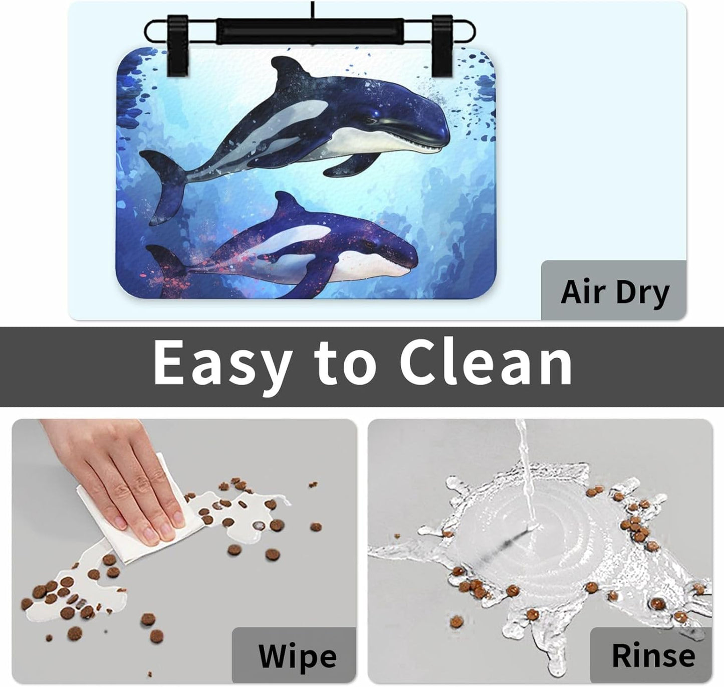 Pet Feeding Mat Leather Dog Food Mat Waterproof Pet Tablecloth Orca Killer Whale Pet Placemat for Dogs Absorbent Dog Bowl Mat Anti-Slip Dogs Mats for Food and Water