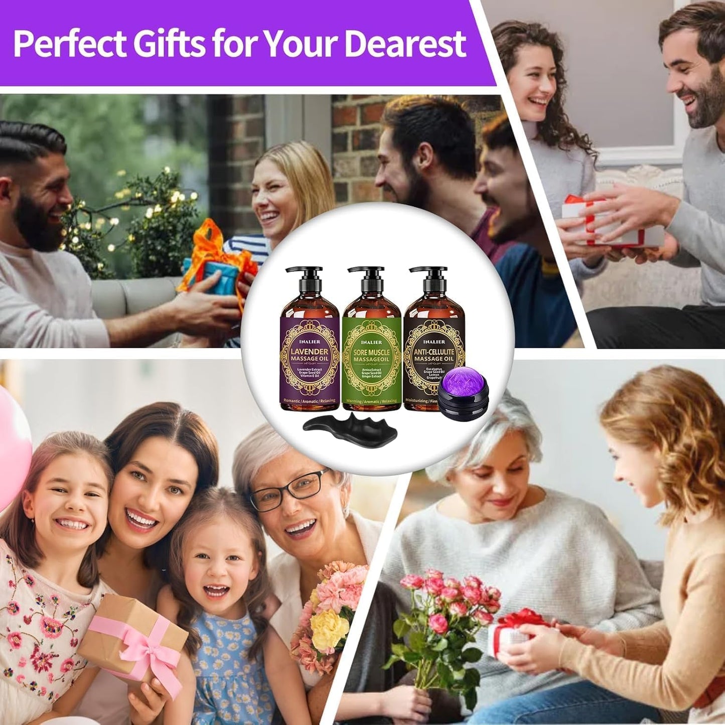 Massage Oil for Massage Therapy,Easter Basket Stuffers,3 Pack Cellulite Massage Oil,Sore Muscle Arnica Oil & Lavender Massage Body Oil with Massage Ball & Thumb Saver Tool,Easter Gifts for Men Women