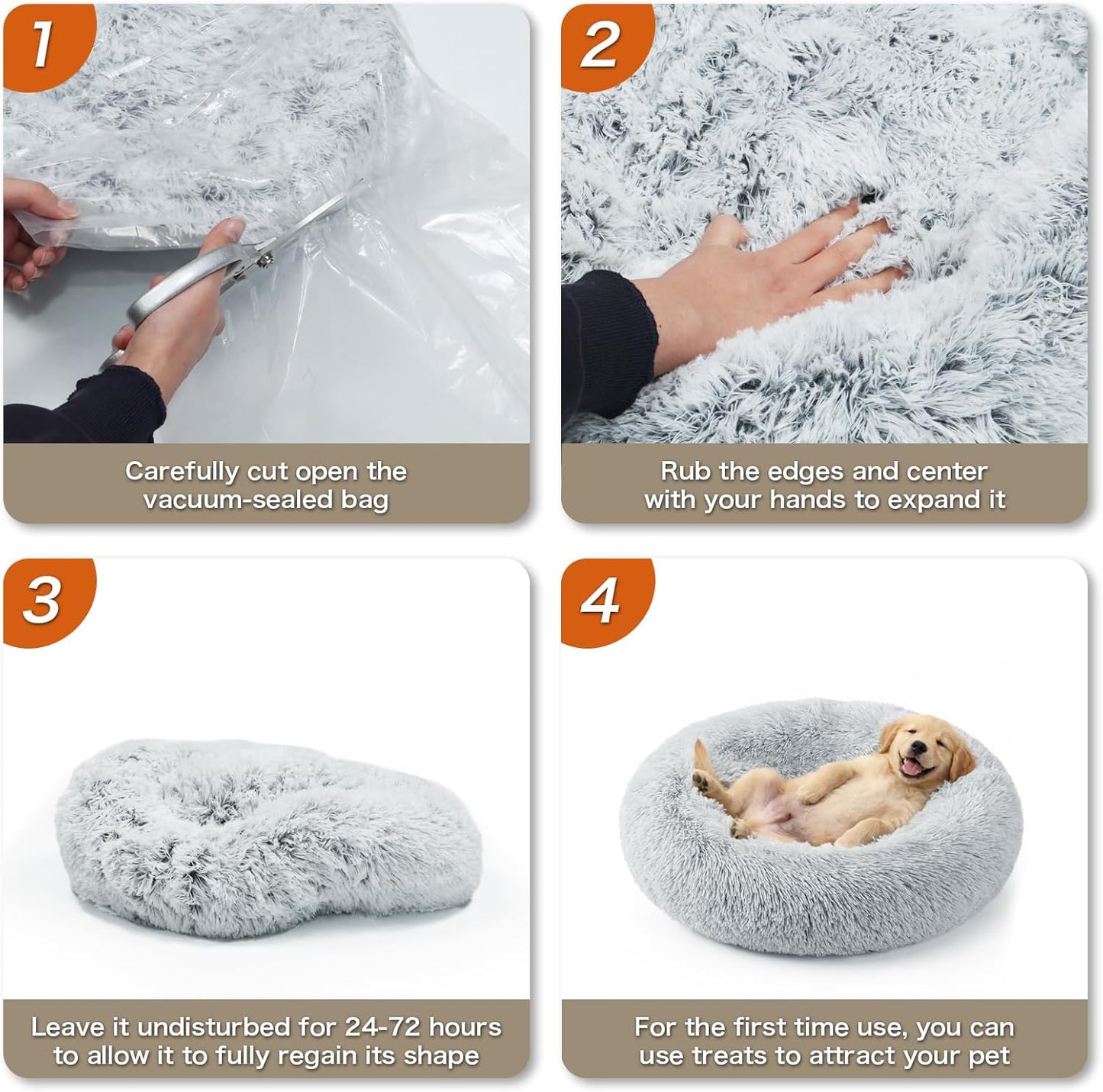 Calming Dog Bed, 20" x 20" x 6" Fits Cat & Dog, Anti-Slip Round Washable Faux Fur for Doze Off, Napping Orthopedic, Grey