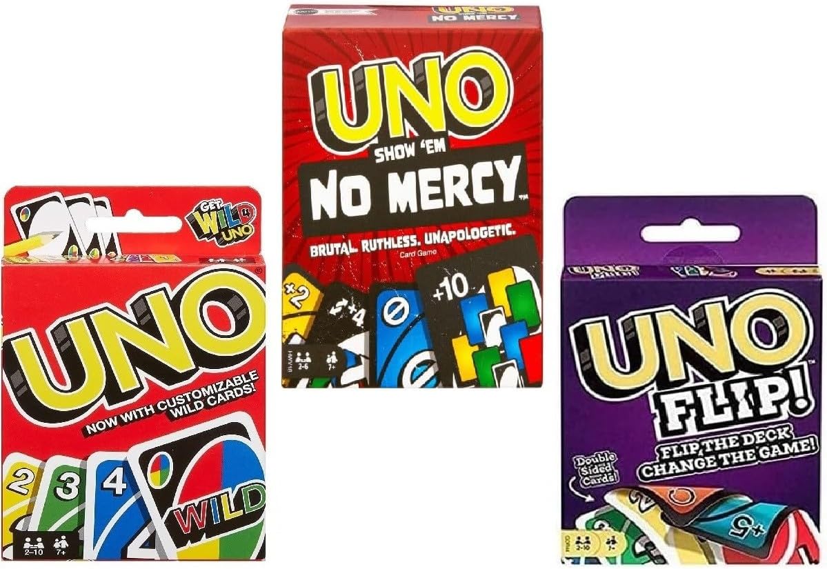 Mattel Uno No Mercy, Uno and Flip Card Game, Combo Pack of 3